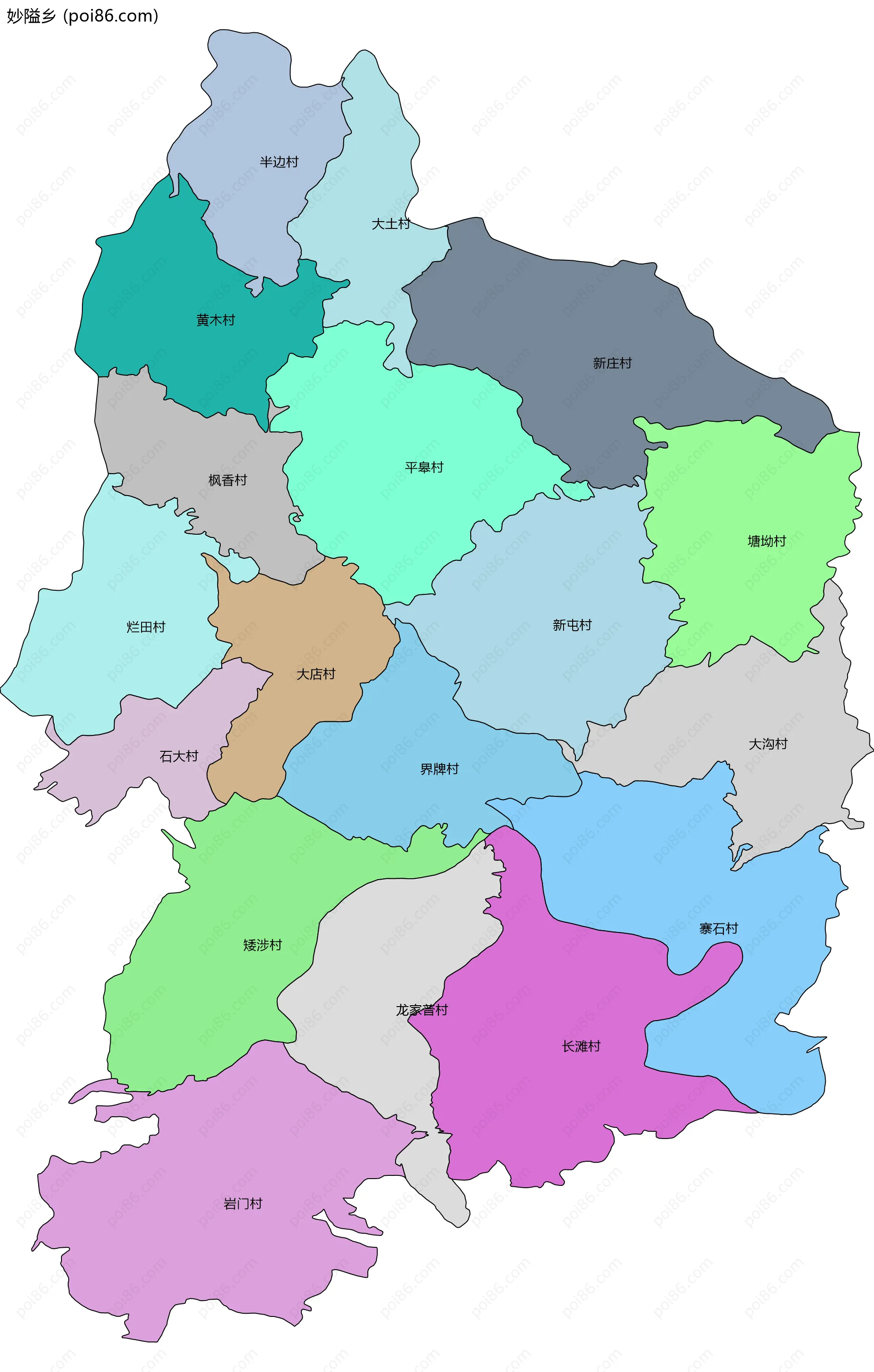 妙隘乡边界地图(五级行政区划)