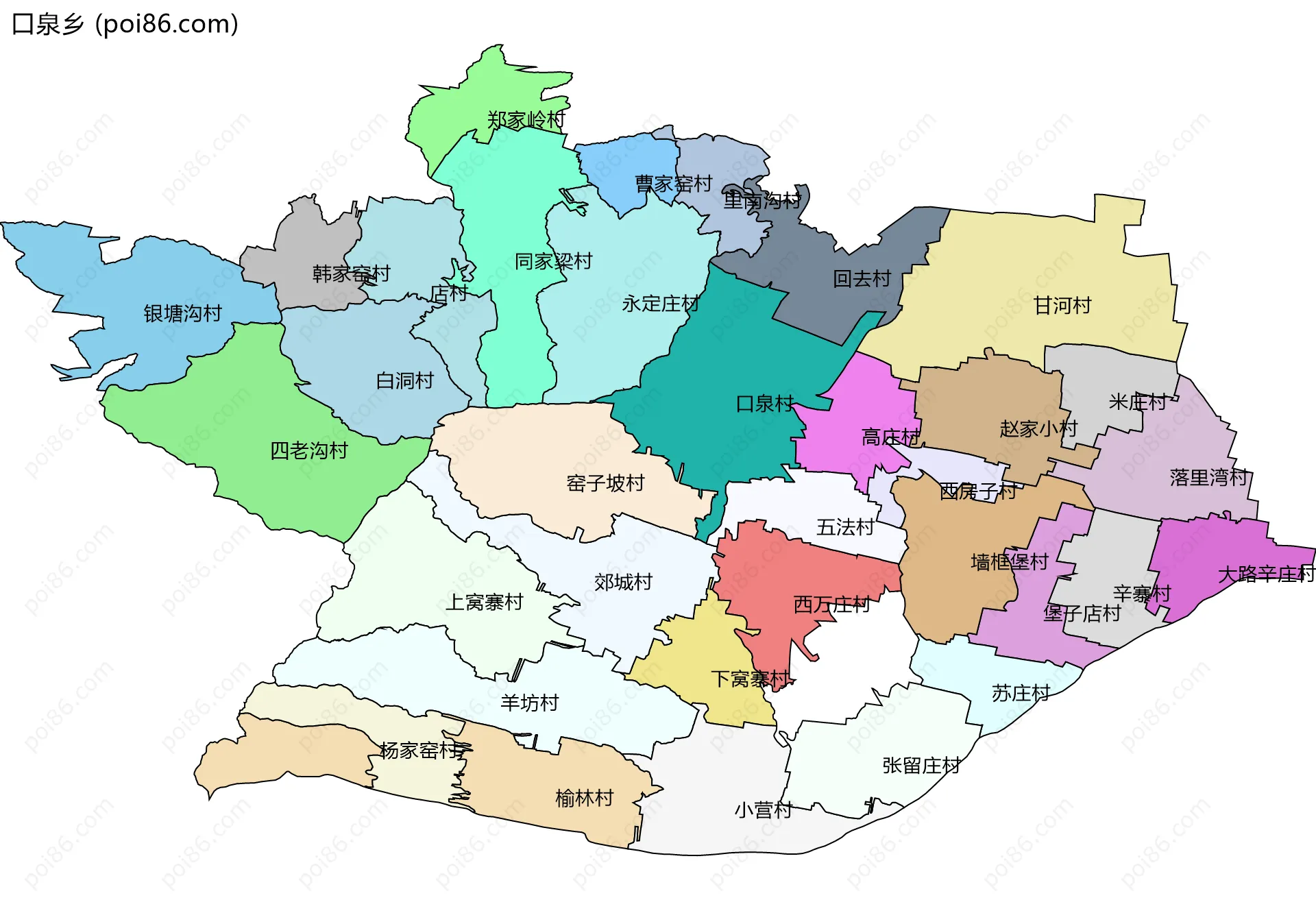 口泉乡边界地图(五级行政区划)