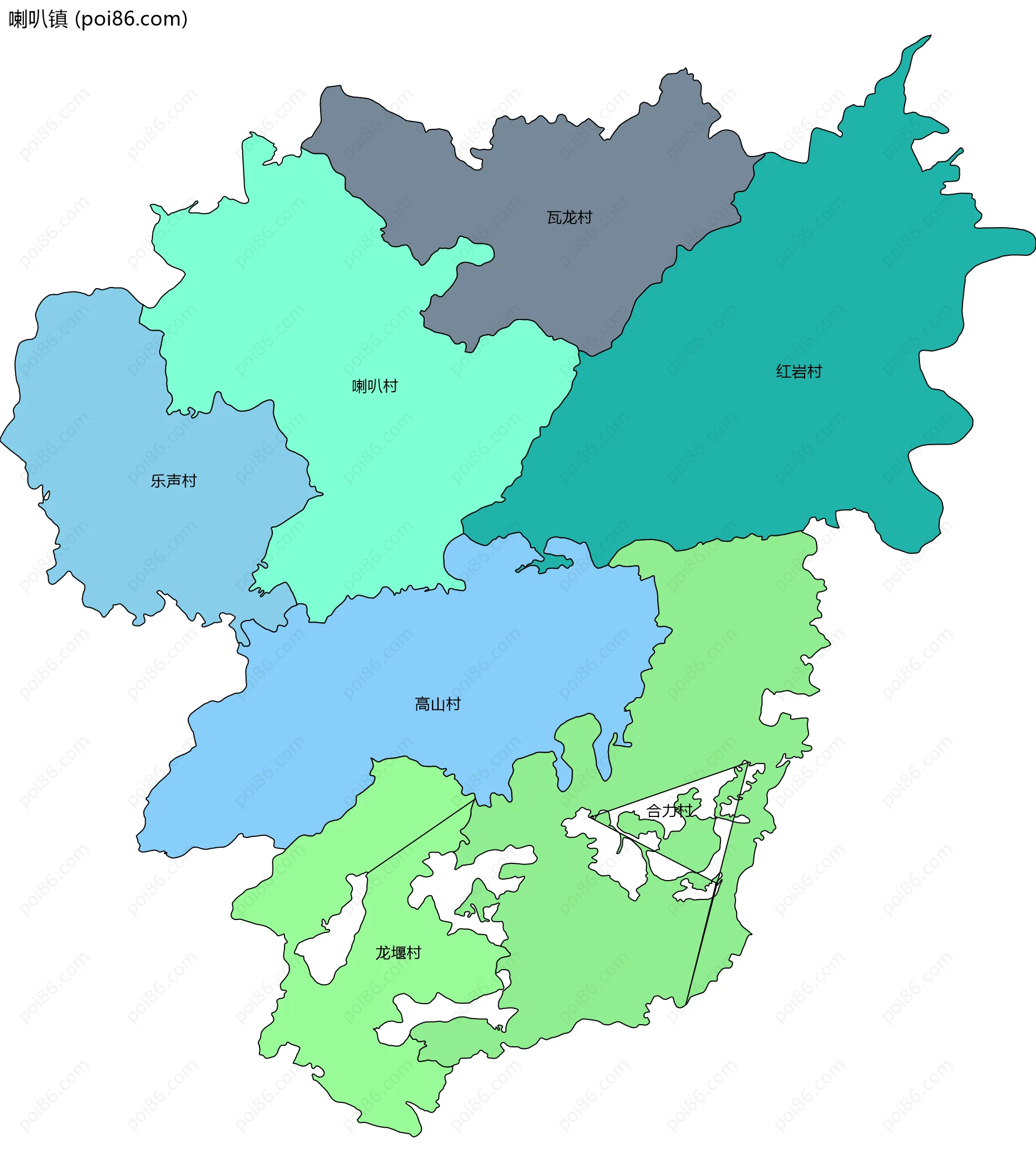 喇叭镇边界地图(五级行政区划)