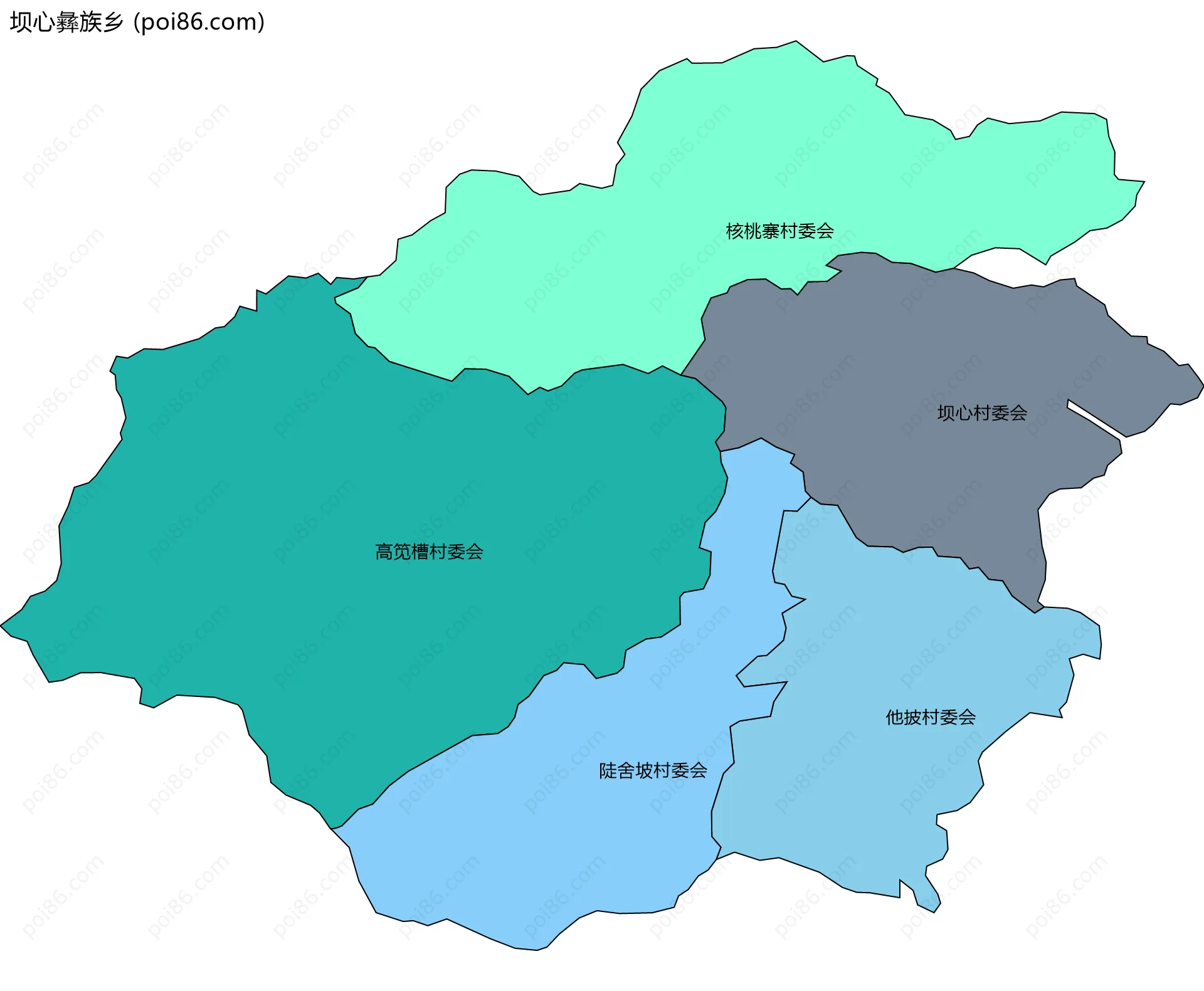 坝心彝族乡边界地图(五级行政区划)
