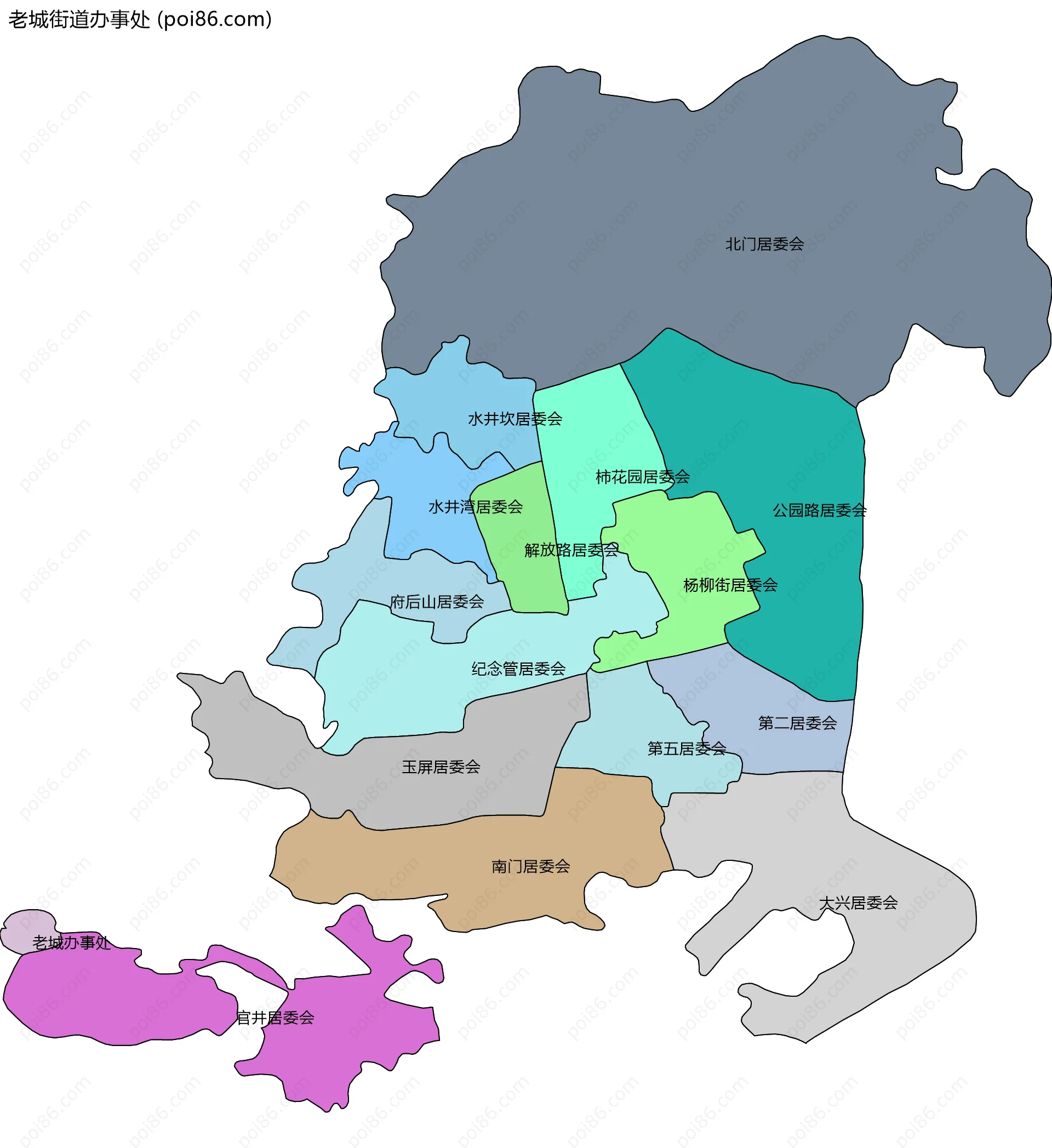 老城街道办事处边界地图(五级行政区划)