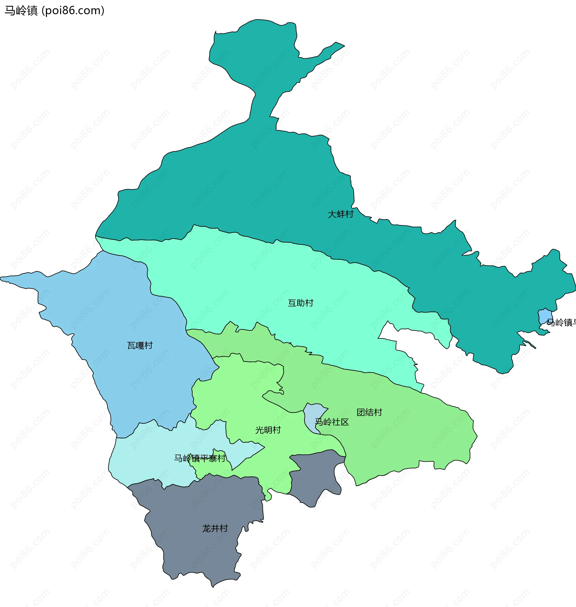 马岭镇边界地图(五级行政区划)