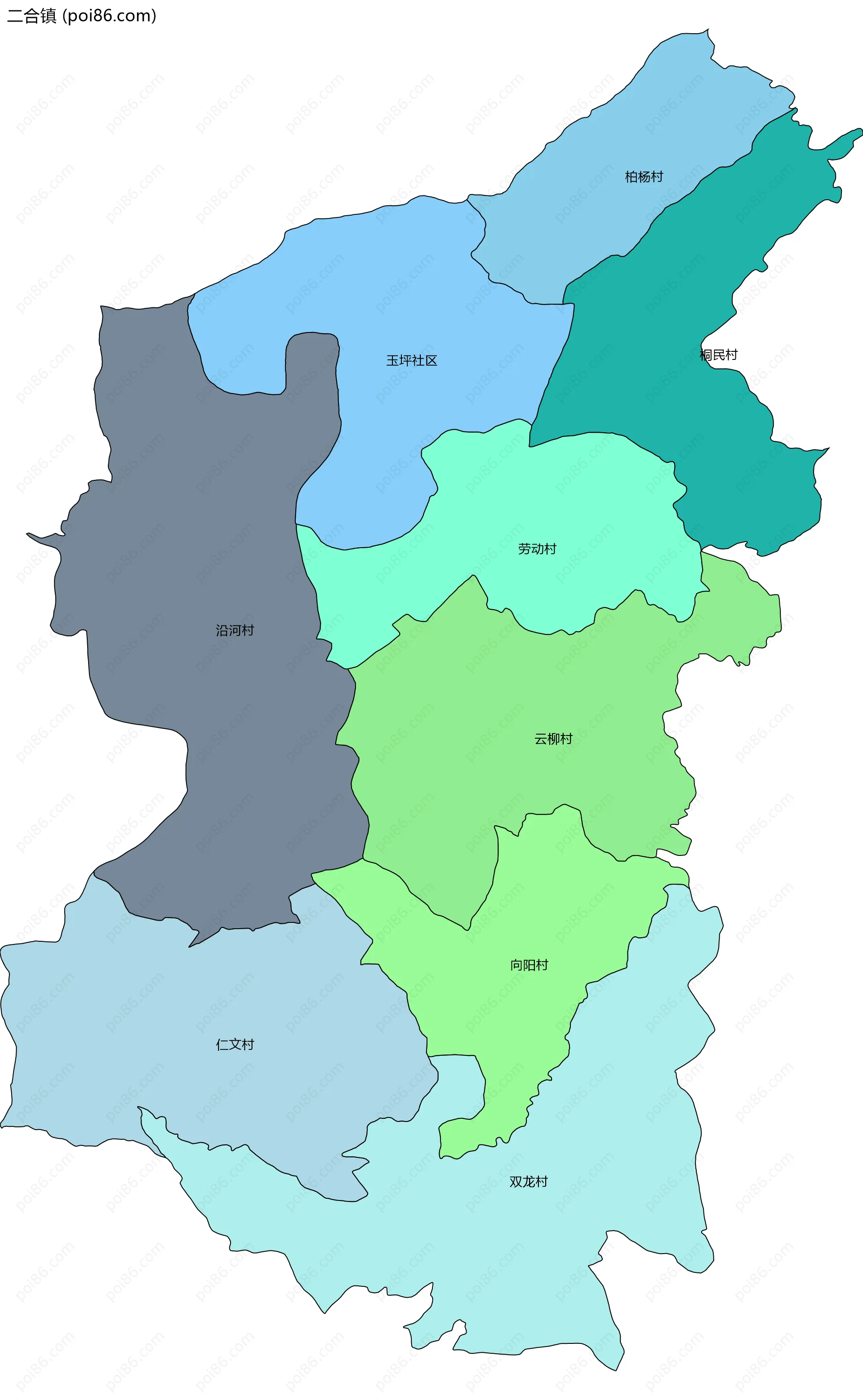 二合镇边界地图(五级行政区划)