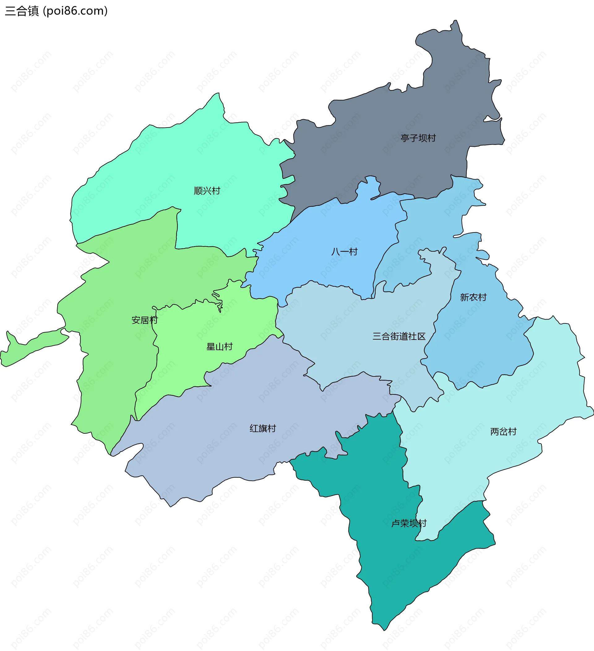 三合镇边界地图(五级行政区划)