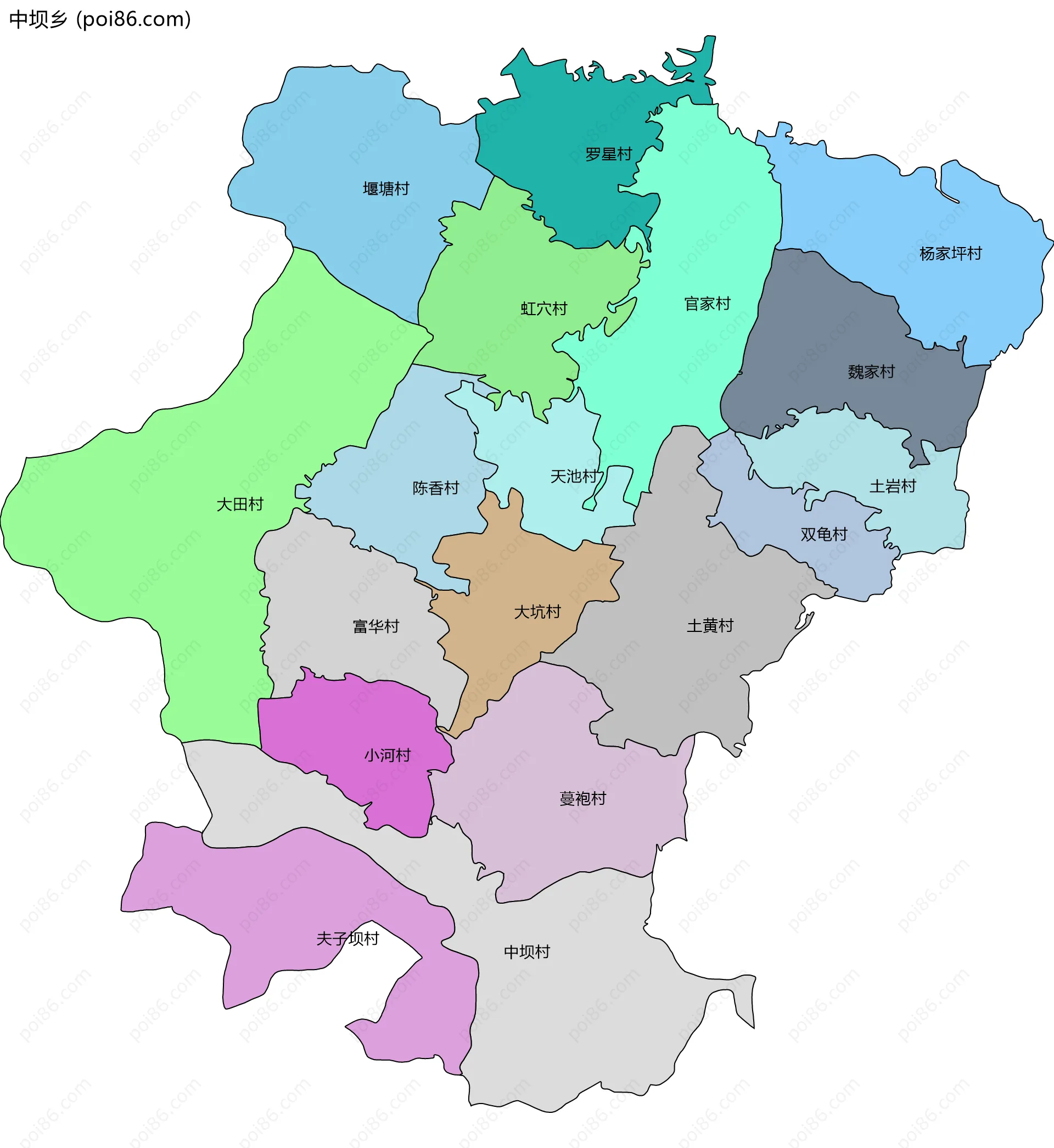 中坝乡边界地图(五级行政区划)