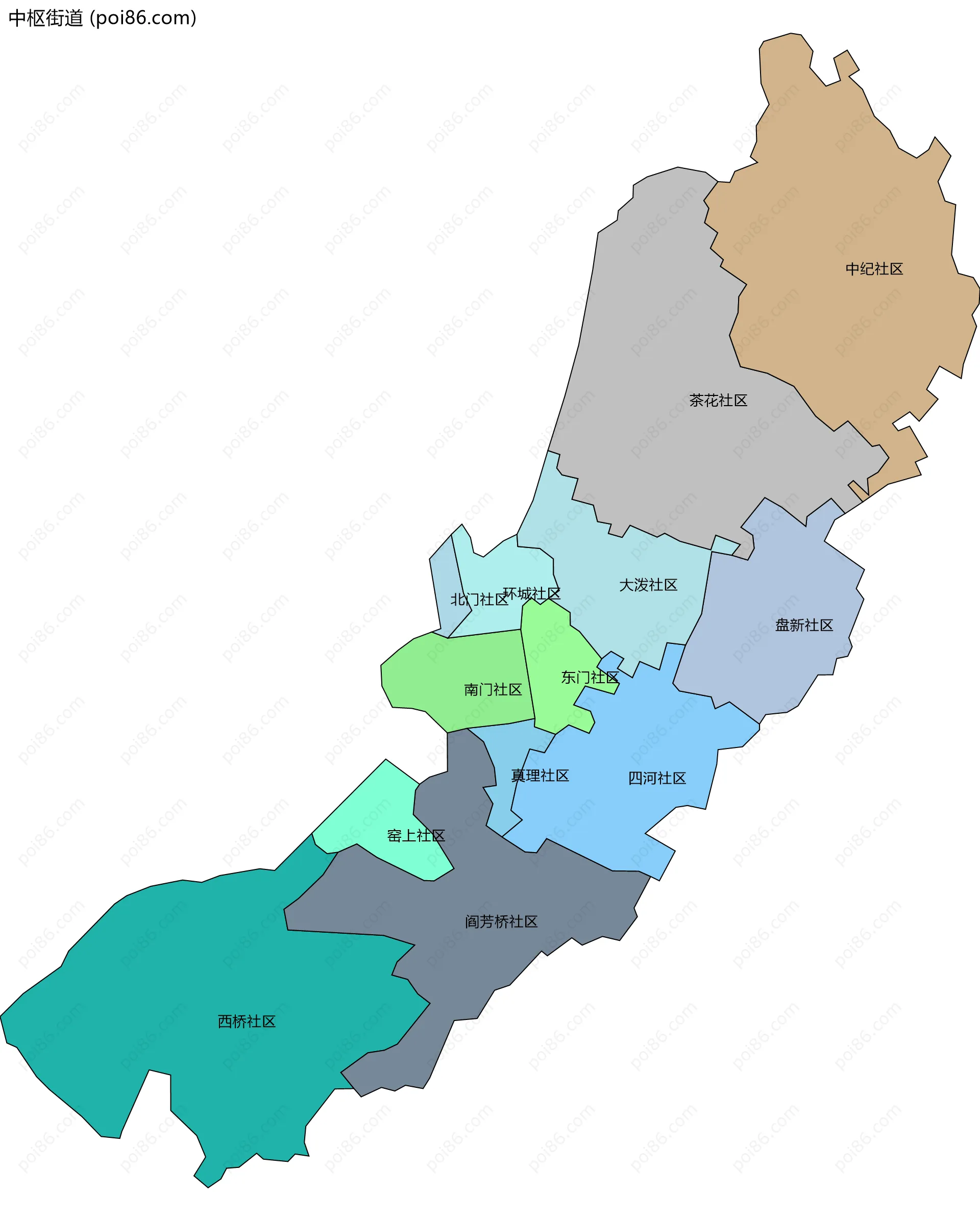 中枢街道边界地图(五级行政区划)