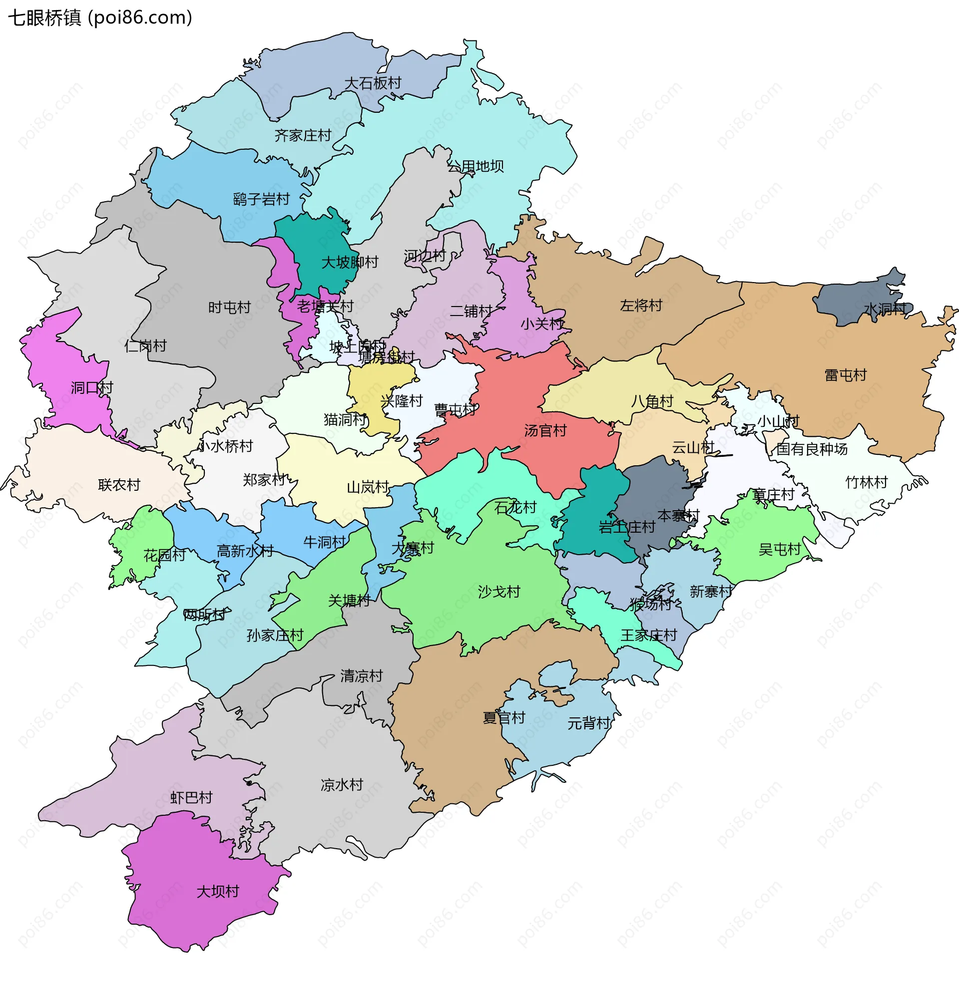 七眼桥镇边界地图(五级行政区划)