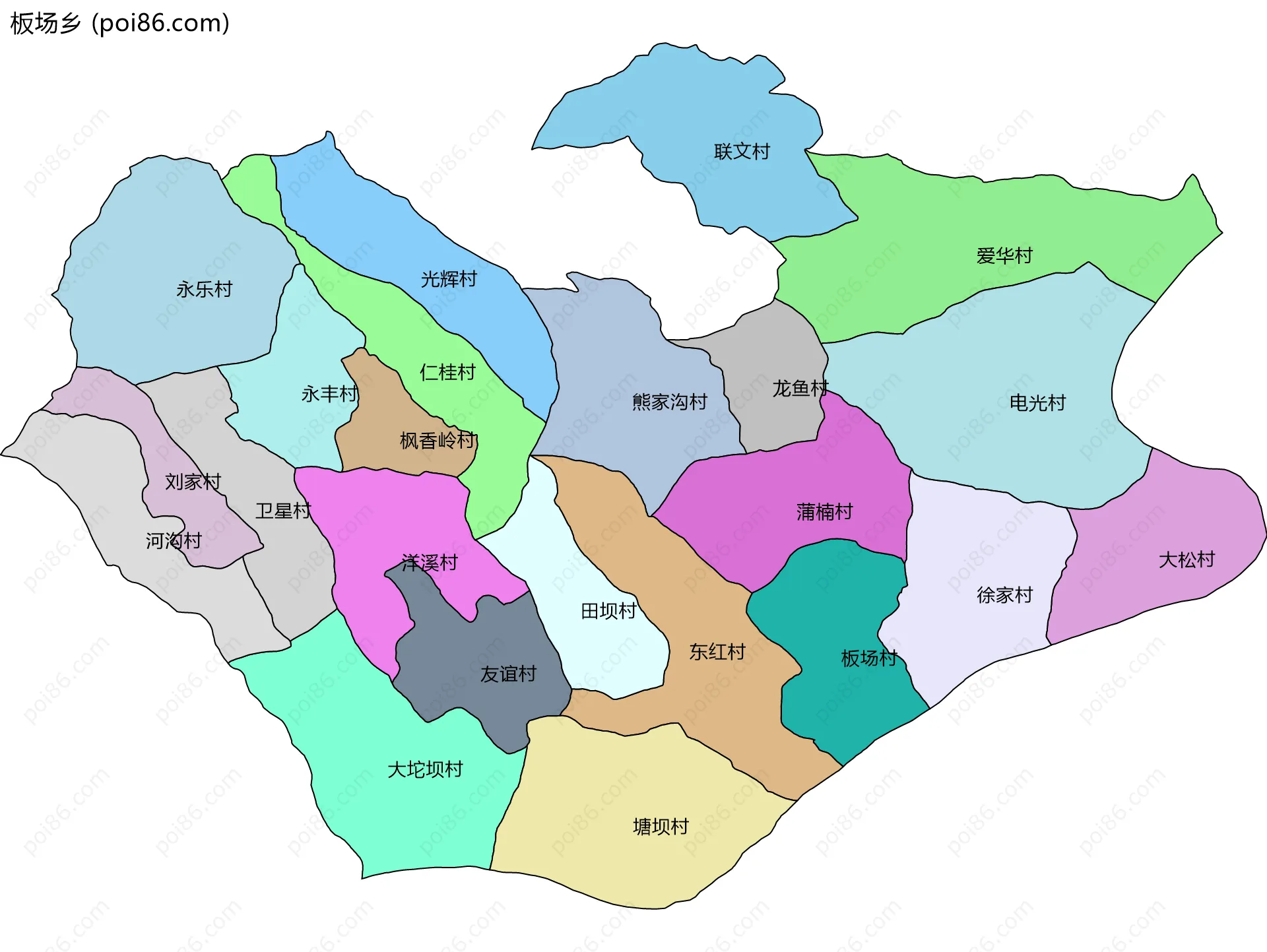 板场乡边界地图(五级行政区划)