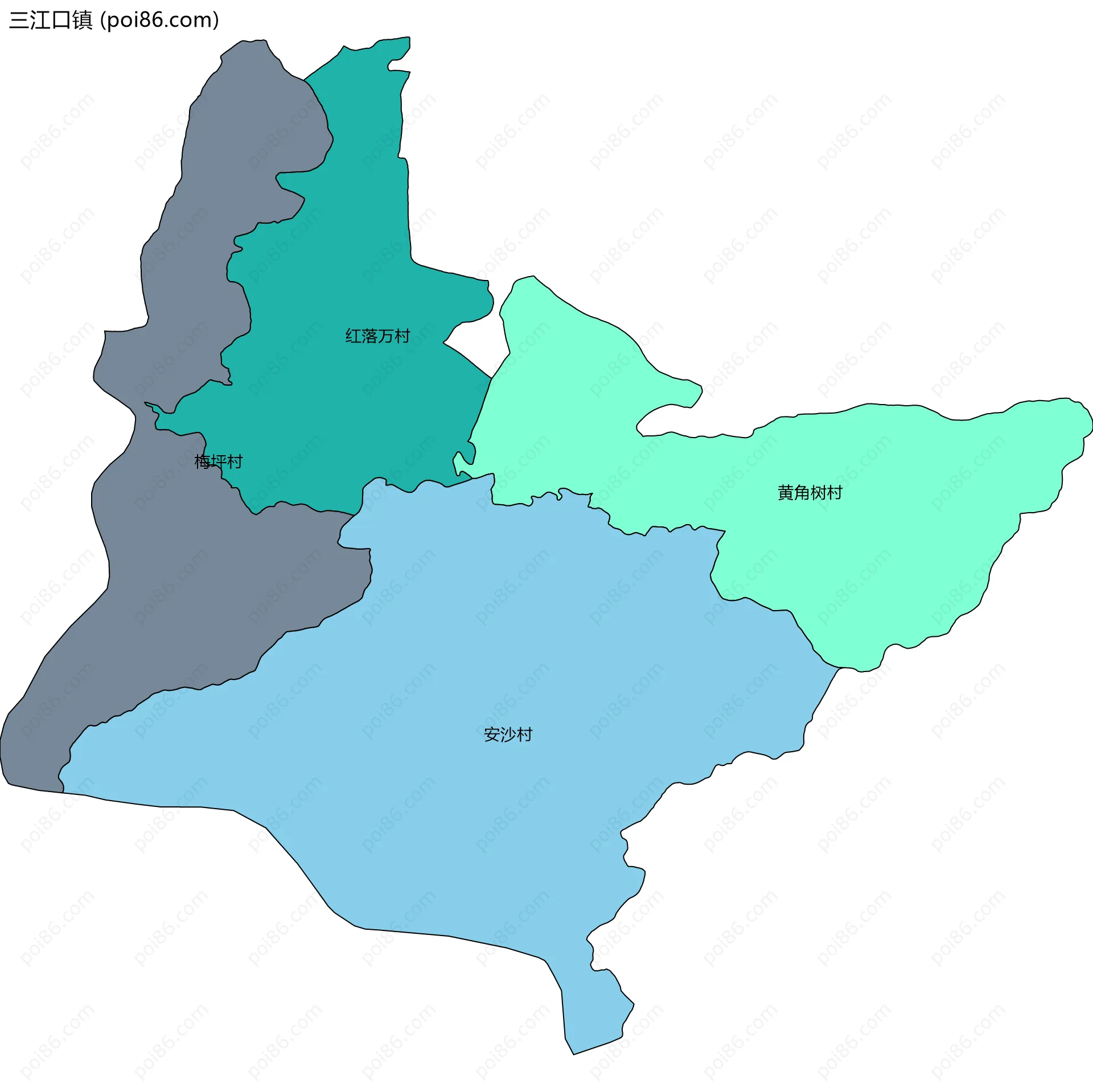 三江口镇边界地图(五级行政区划)