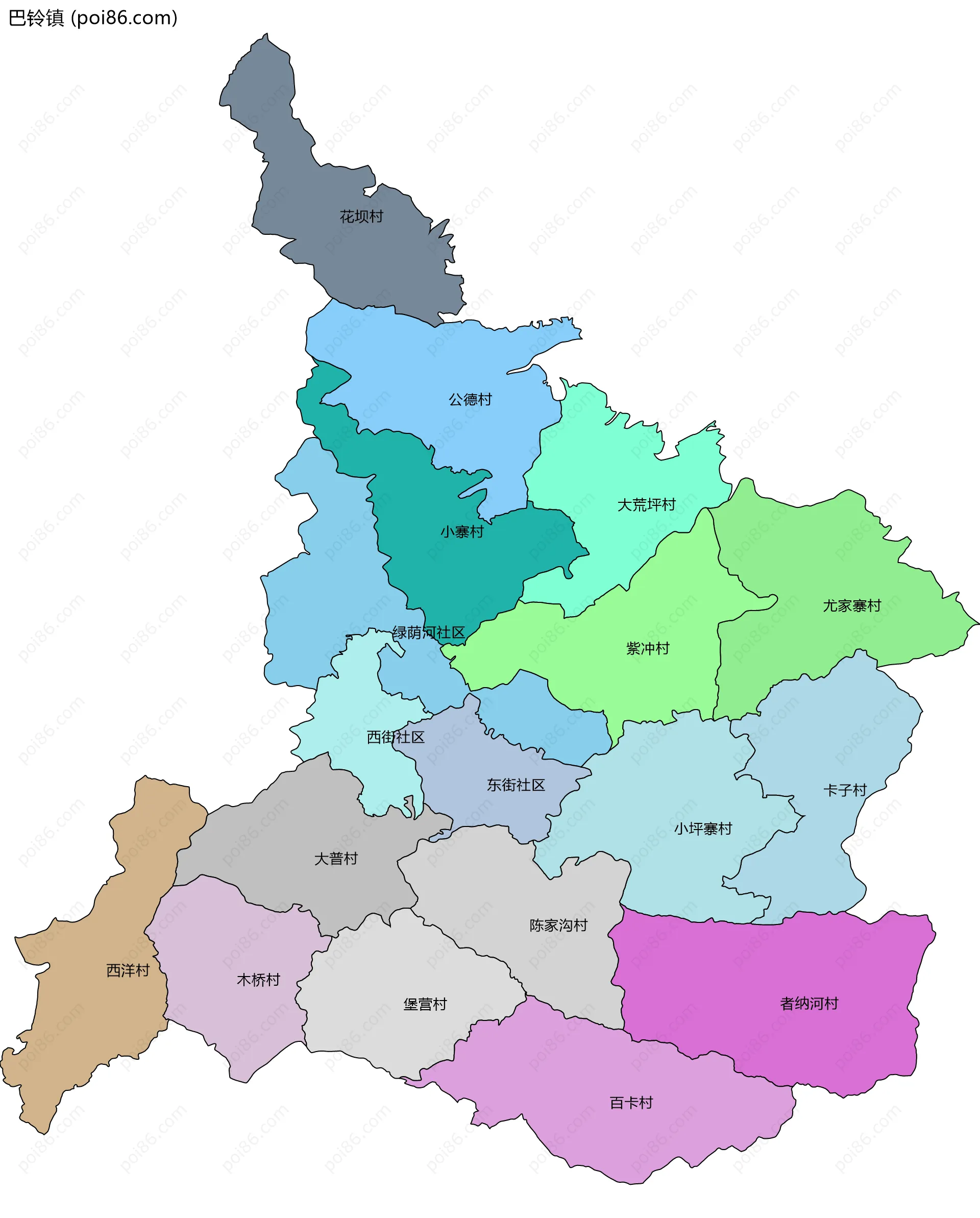 巴铃镇边界地图(五级行政区划)