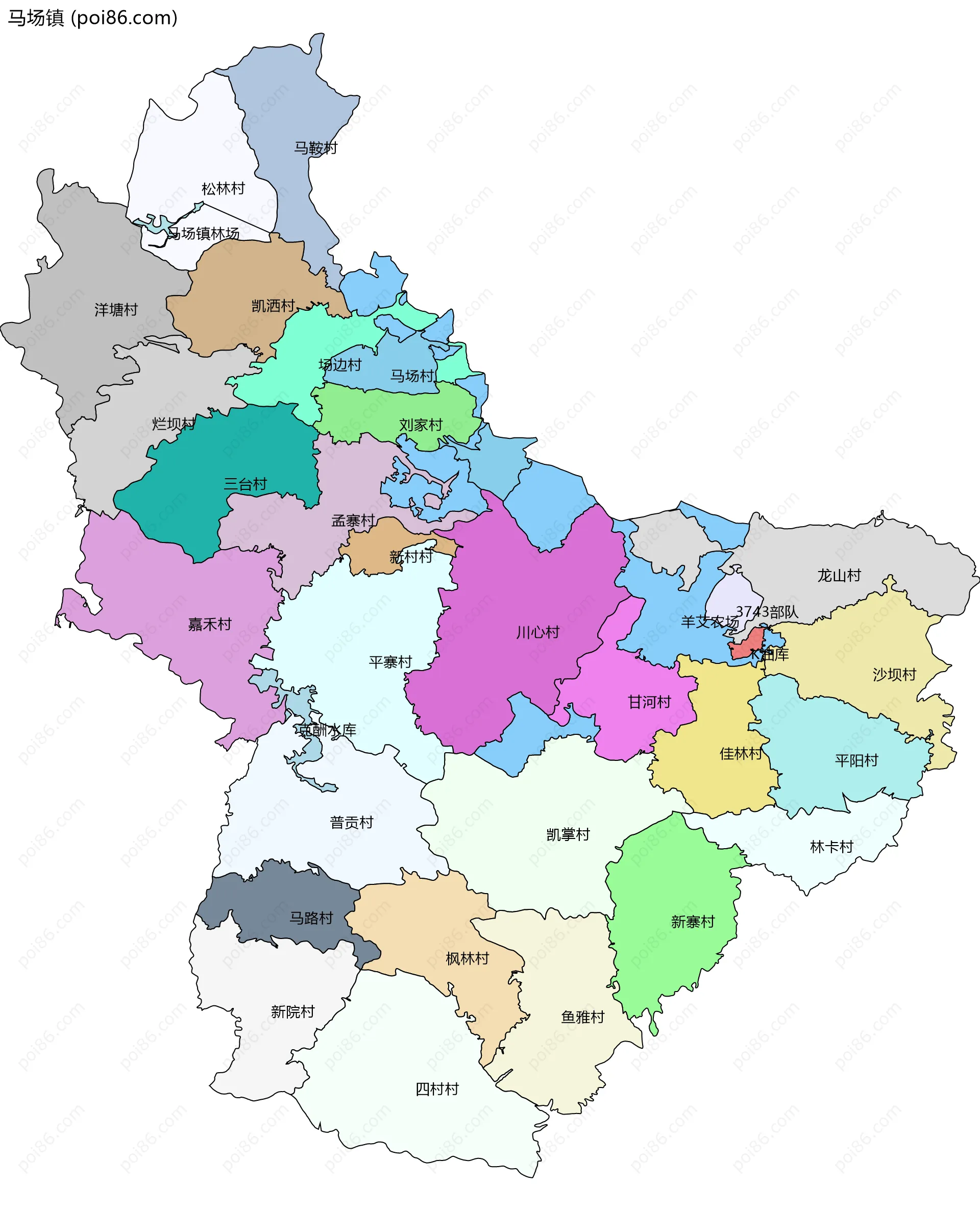 马场镇边界地图(五级行政区划)