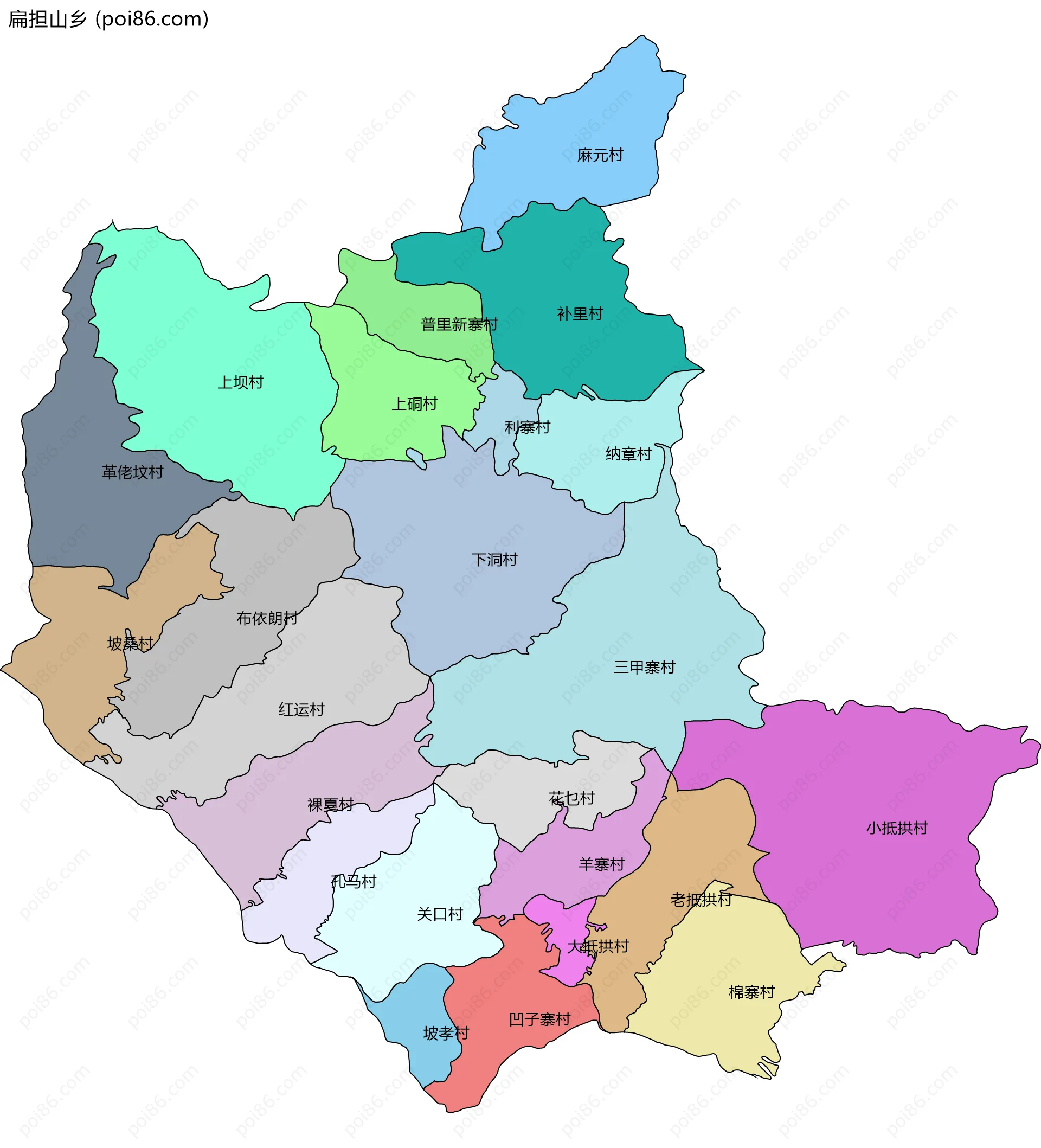 扁担山乡边界地图(五级行政区划)
