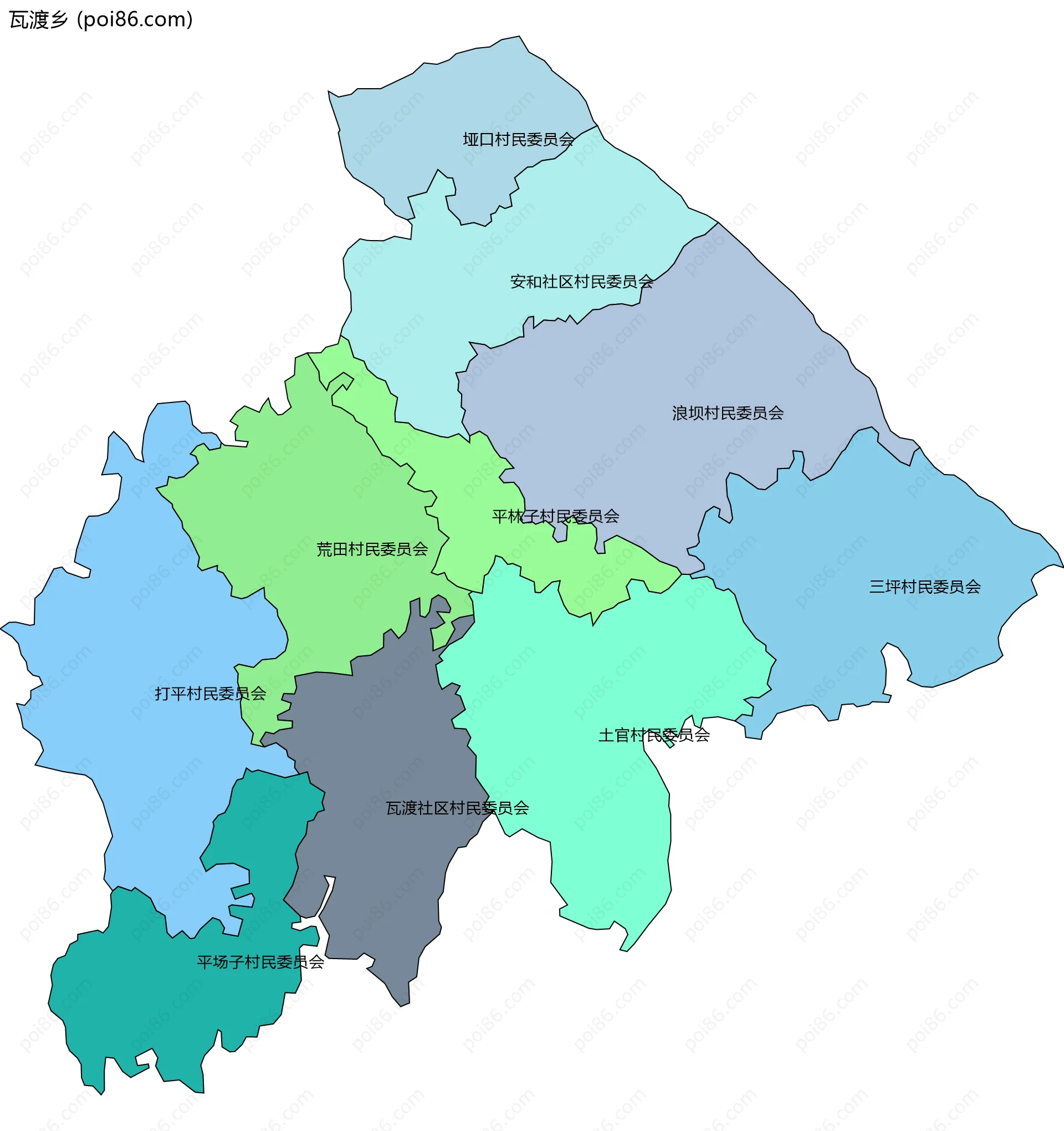 瓦渡乡边界地图(五级行政区划)