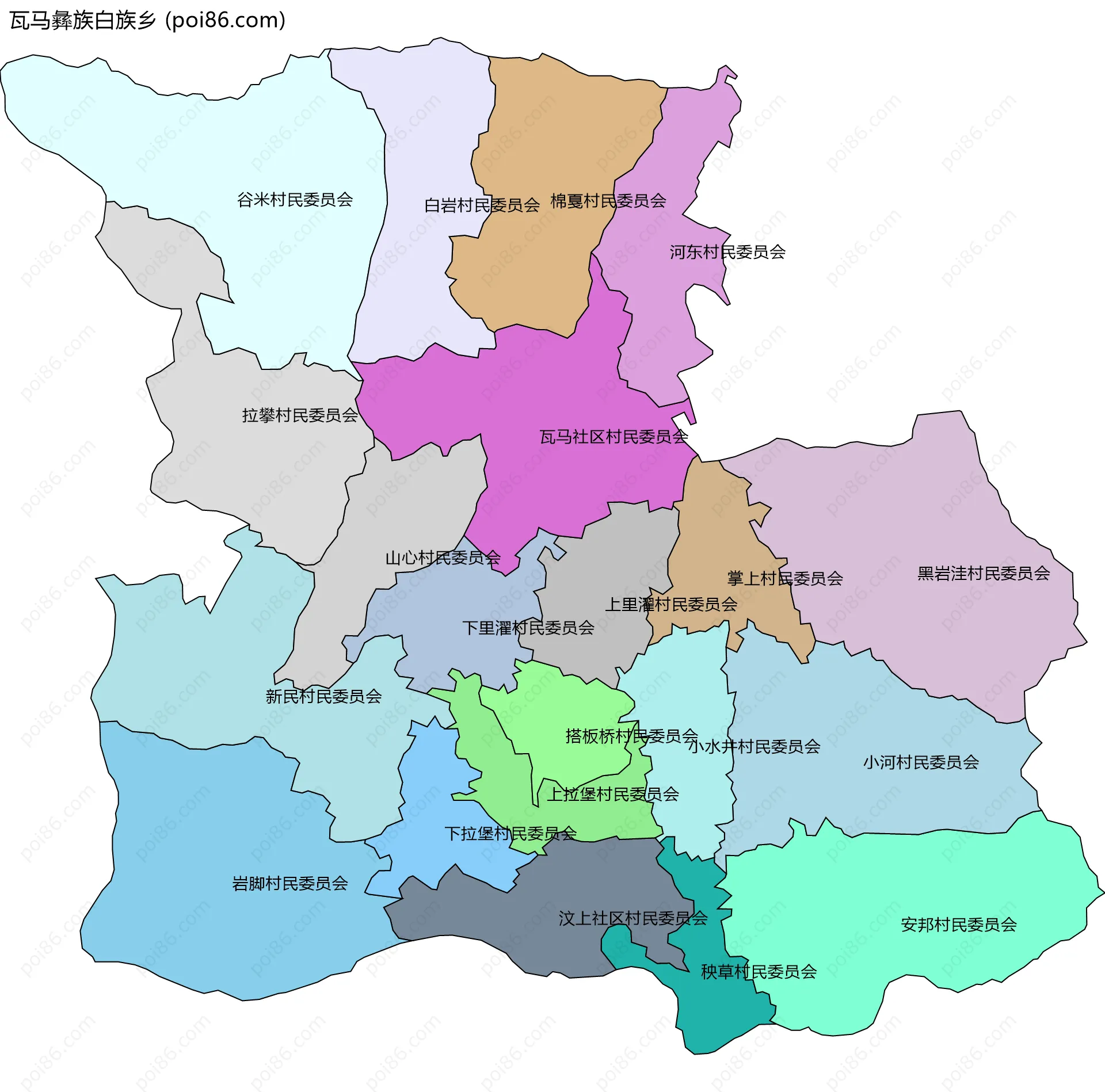 瓦马彝族白族乡边界地图(五级行政区划)