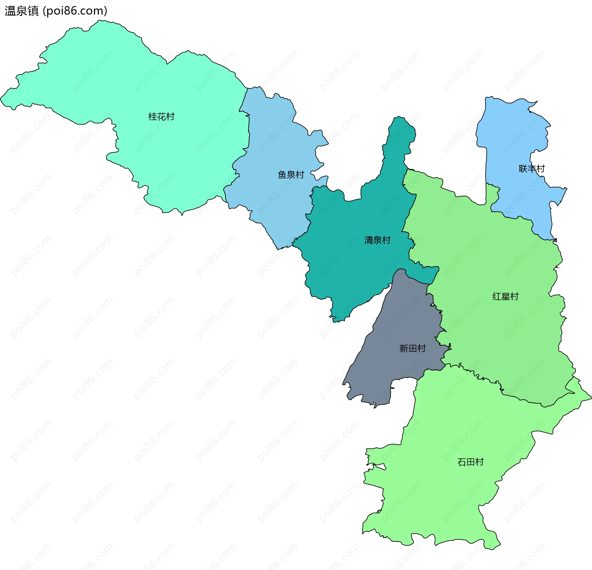 温泉镇边界地图(五级行政区划)