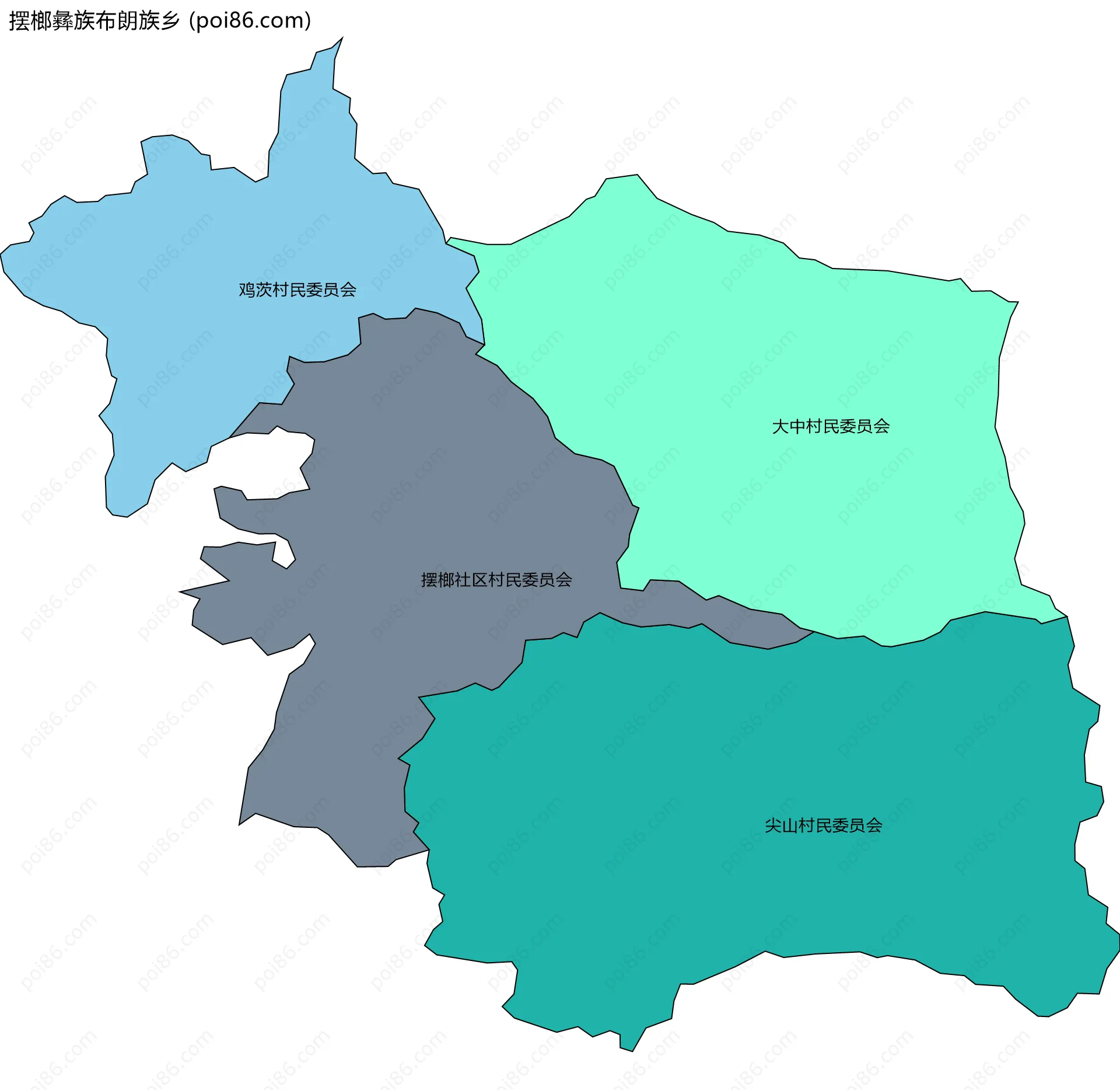 摆榔彝族布朗族乡边界地图(五级行政区划)