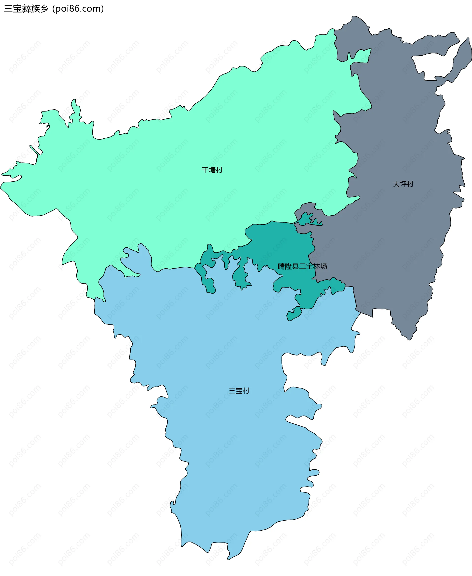 三宝彝族乡边界地图(五级行政区划)