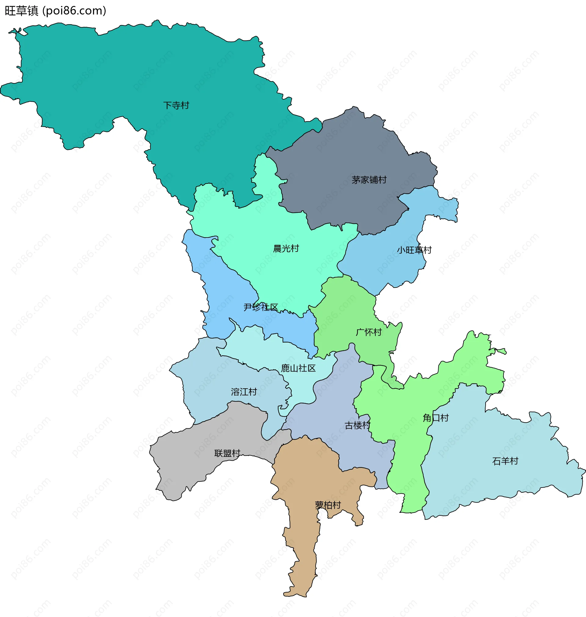 旺草镇边界地图(五级行政区划)