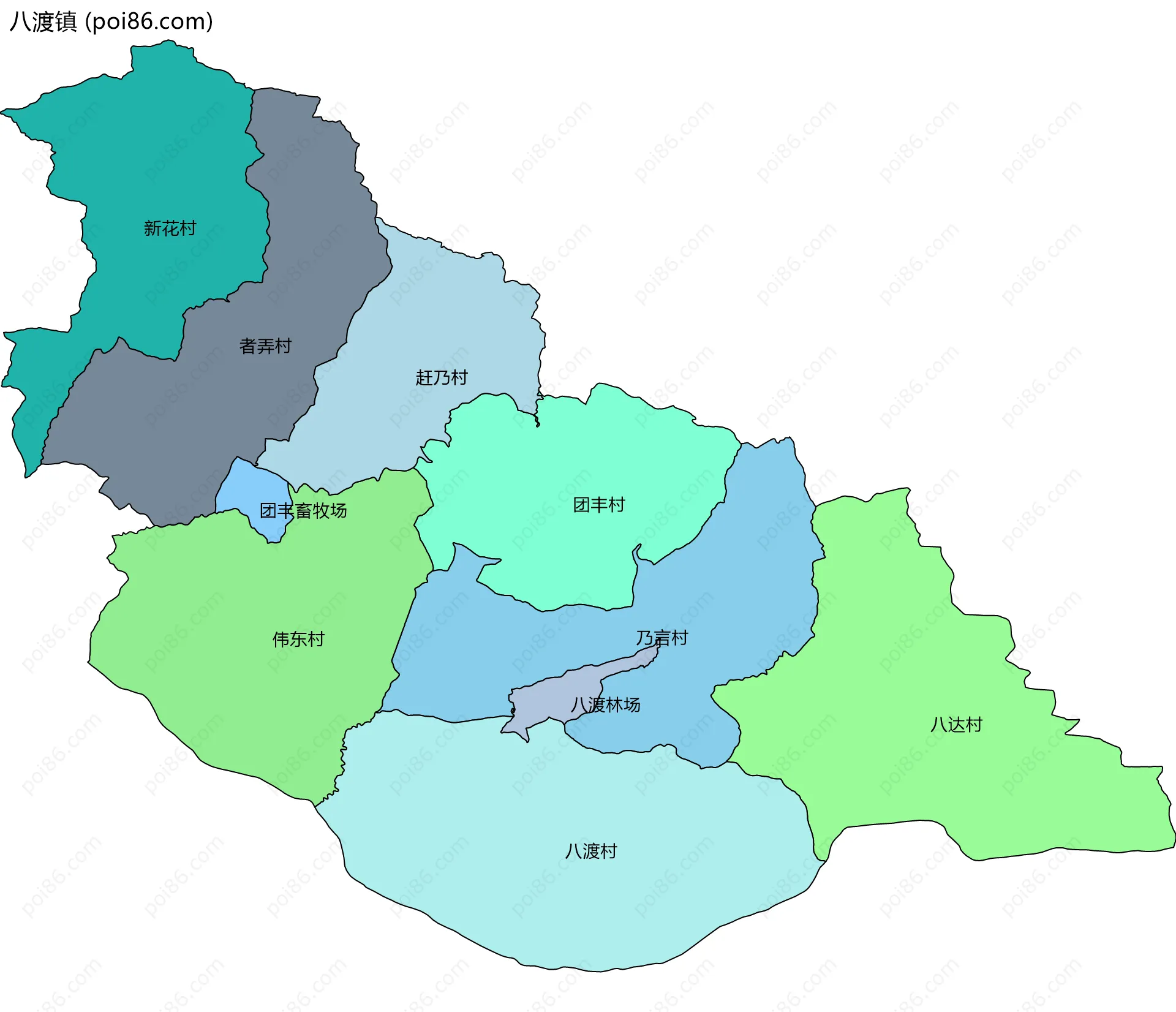 八渡镇边界地图(五级行政区划)