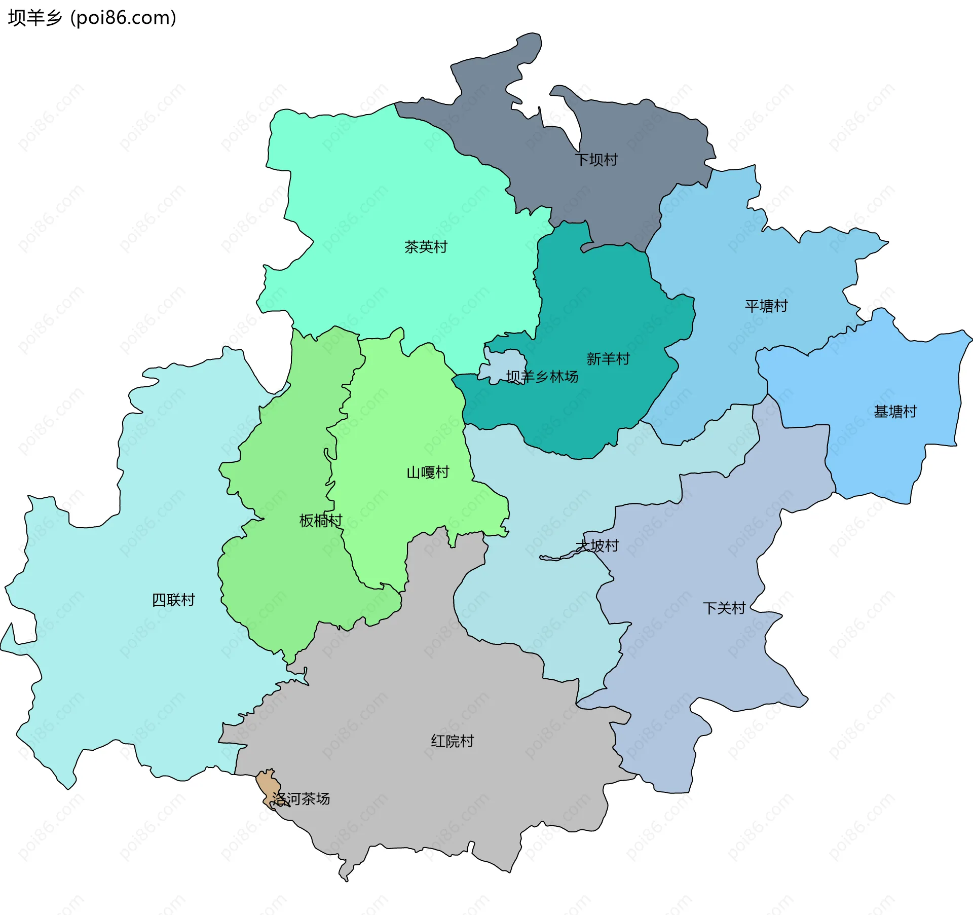 坝羊乡边界地图(五级行政区划)