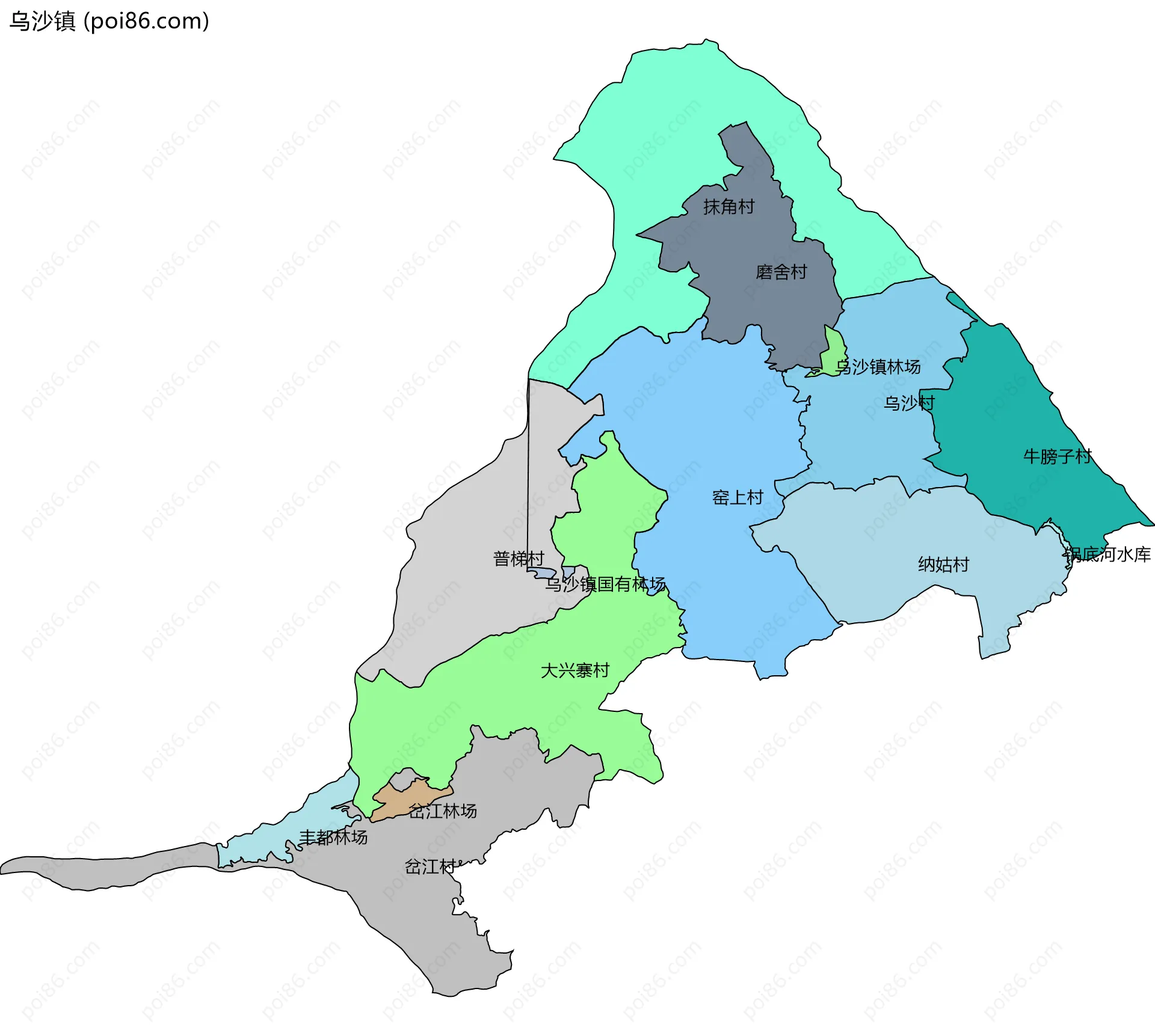 乌沙镇边界地图(五级行政区划)