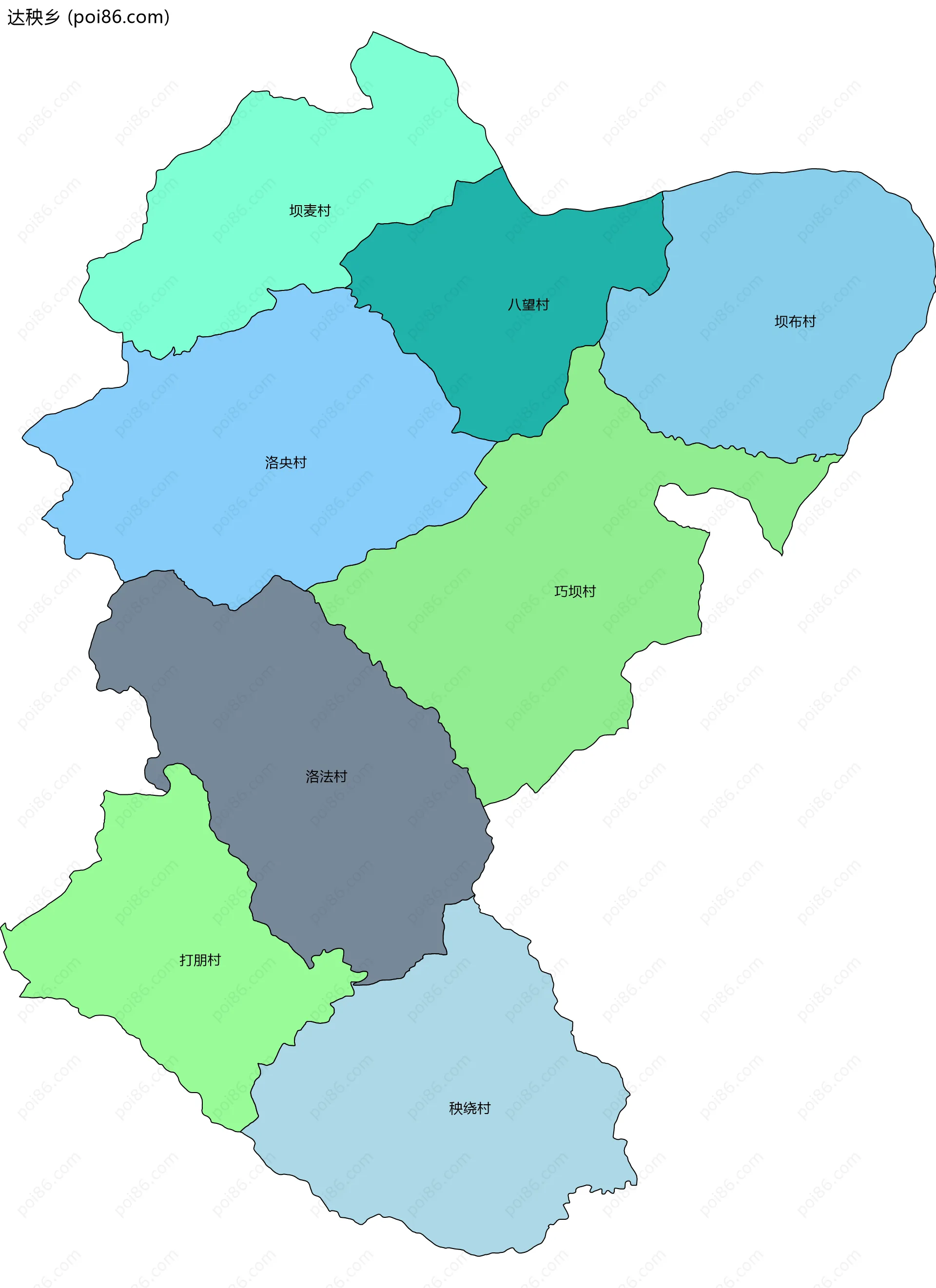 达秧乡边界地图(五级行政区划)