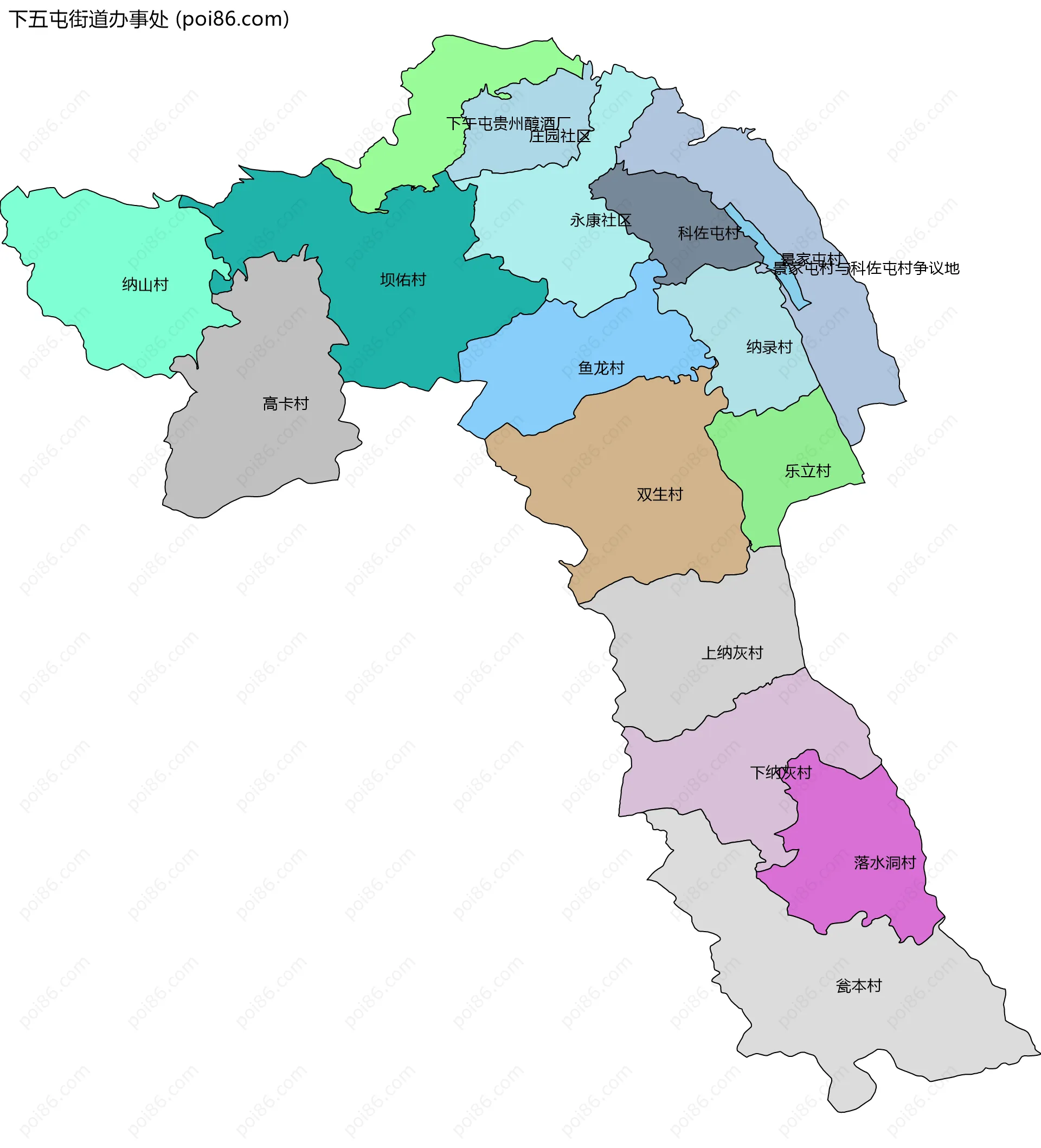 下五屯街道办事处边界地图(五级行政区划)