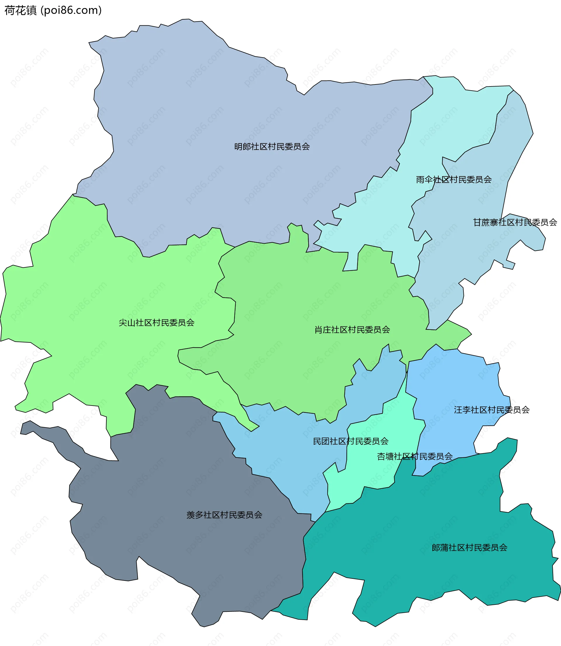 荷花镇边界地图(五级行政区划)