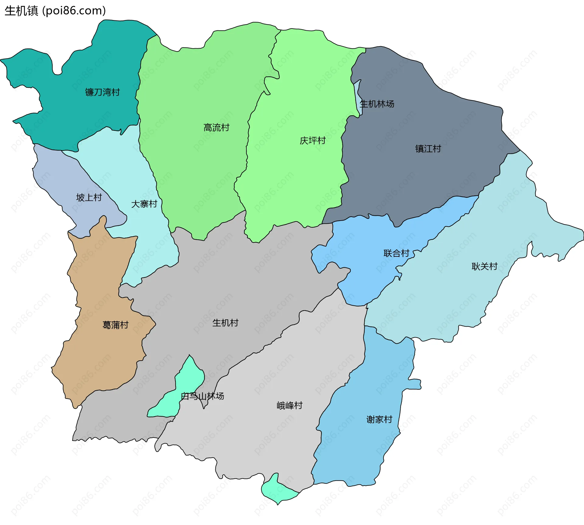 生机镇边界地图(五级行政区划)