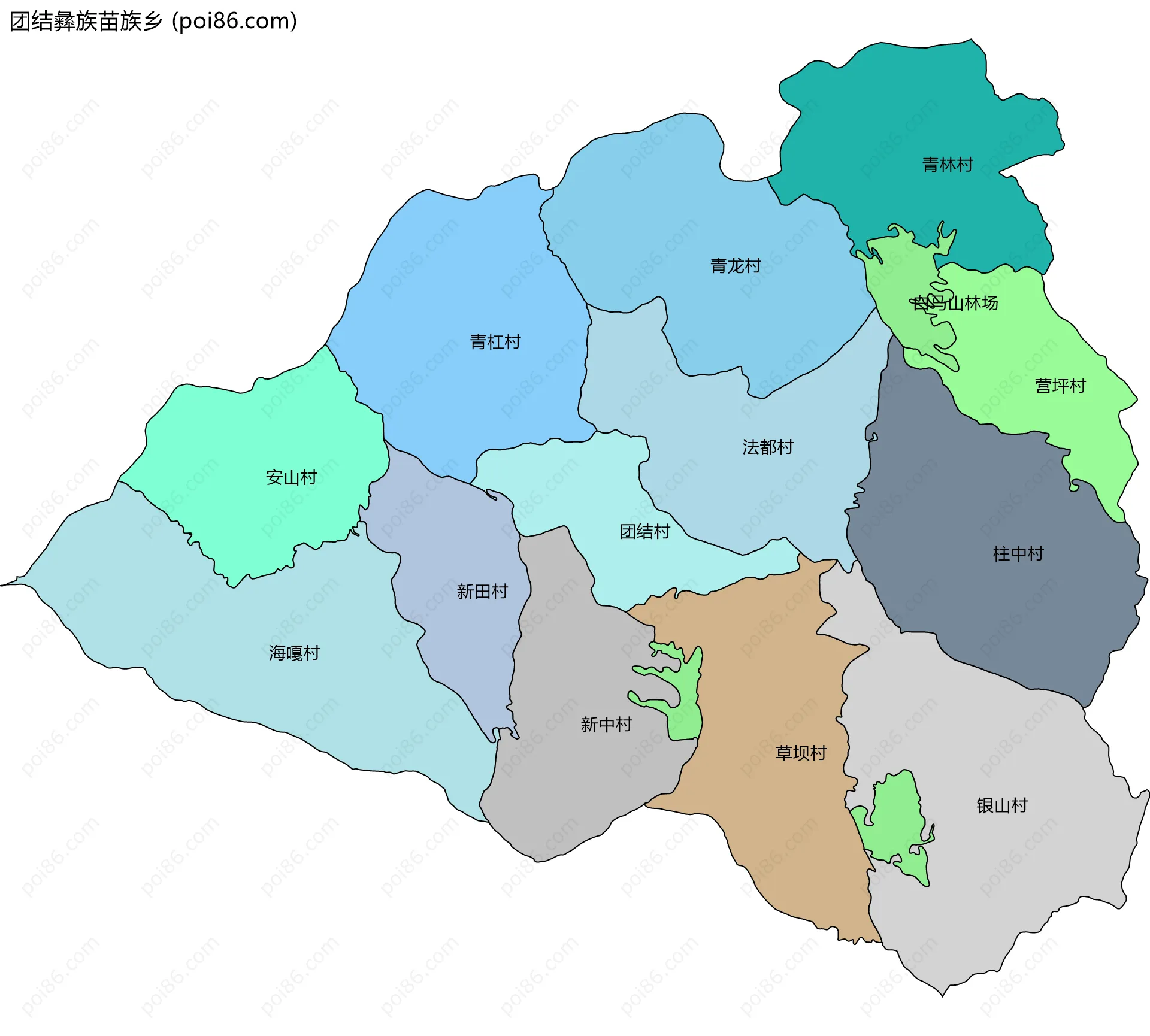 团结彝族苗族乡边界地图(五级行政区划)