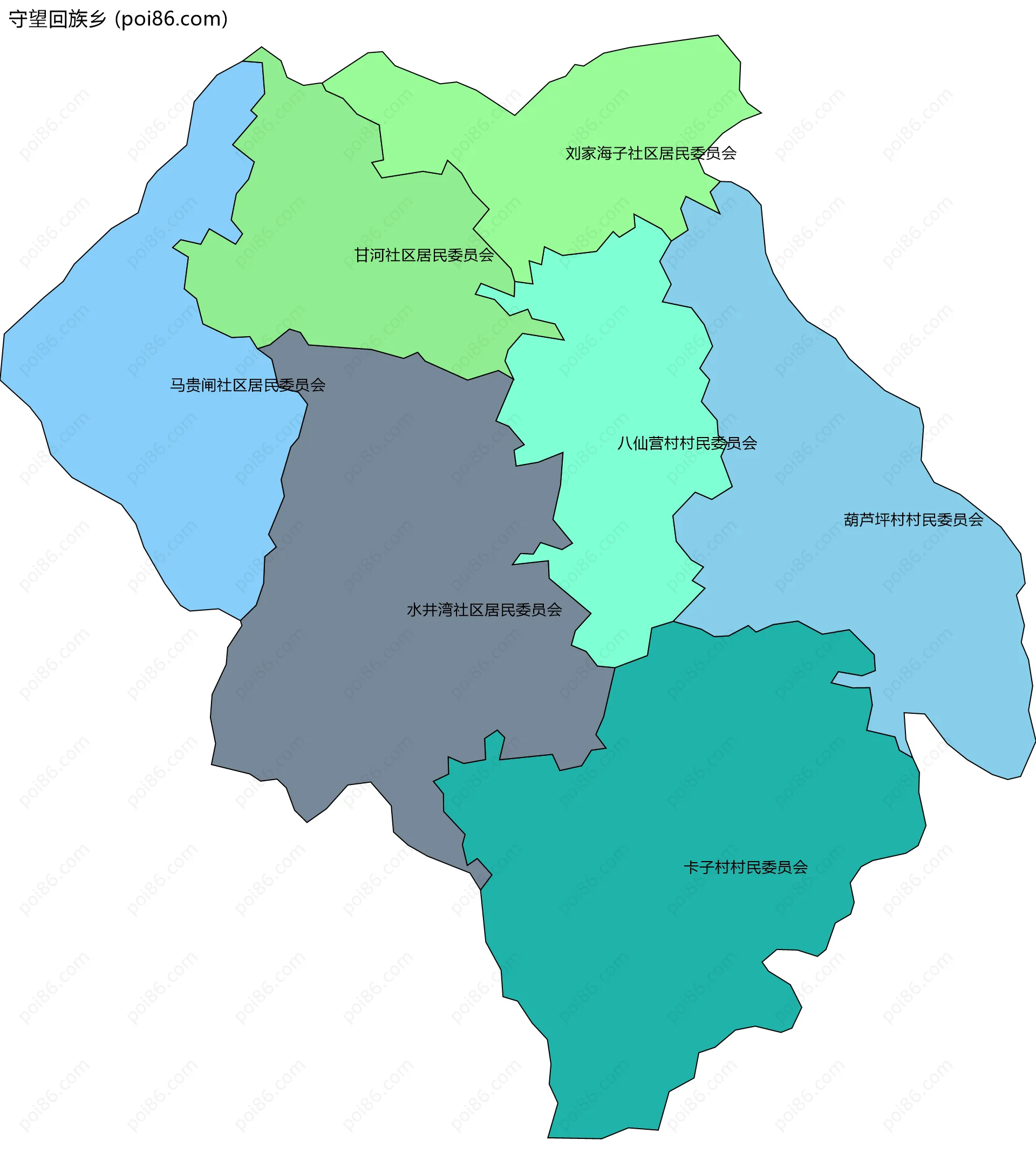 守望回族乡边界地图(五级行政区划)