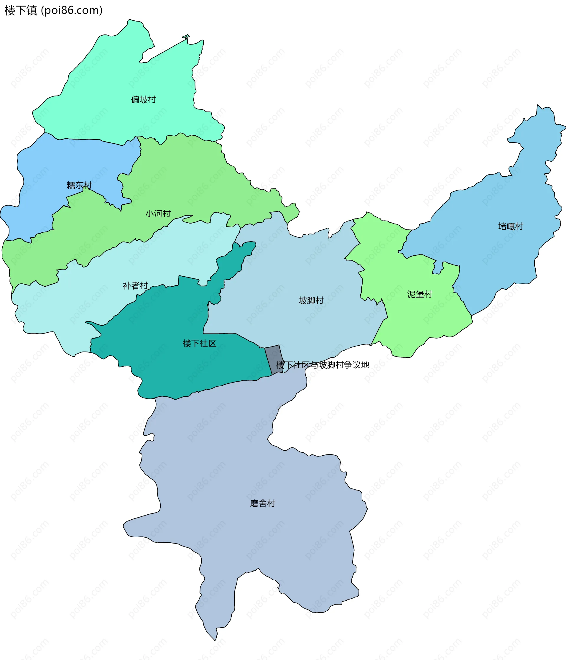 楼下镇边界地图(五级行政区划)