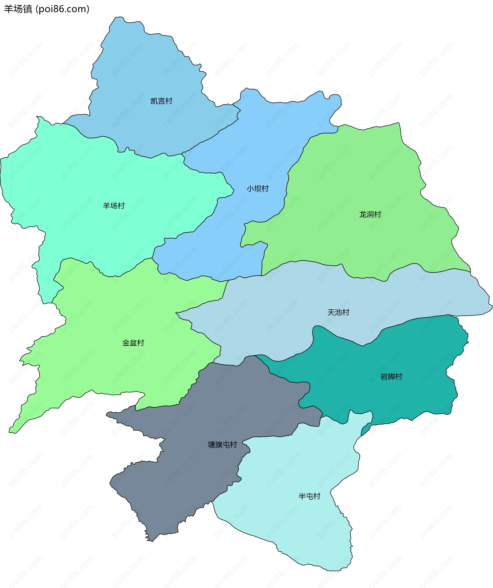 羊场镇边界地图(五级行政区划)