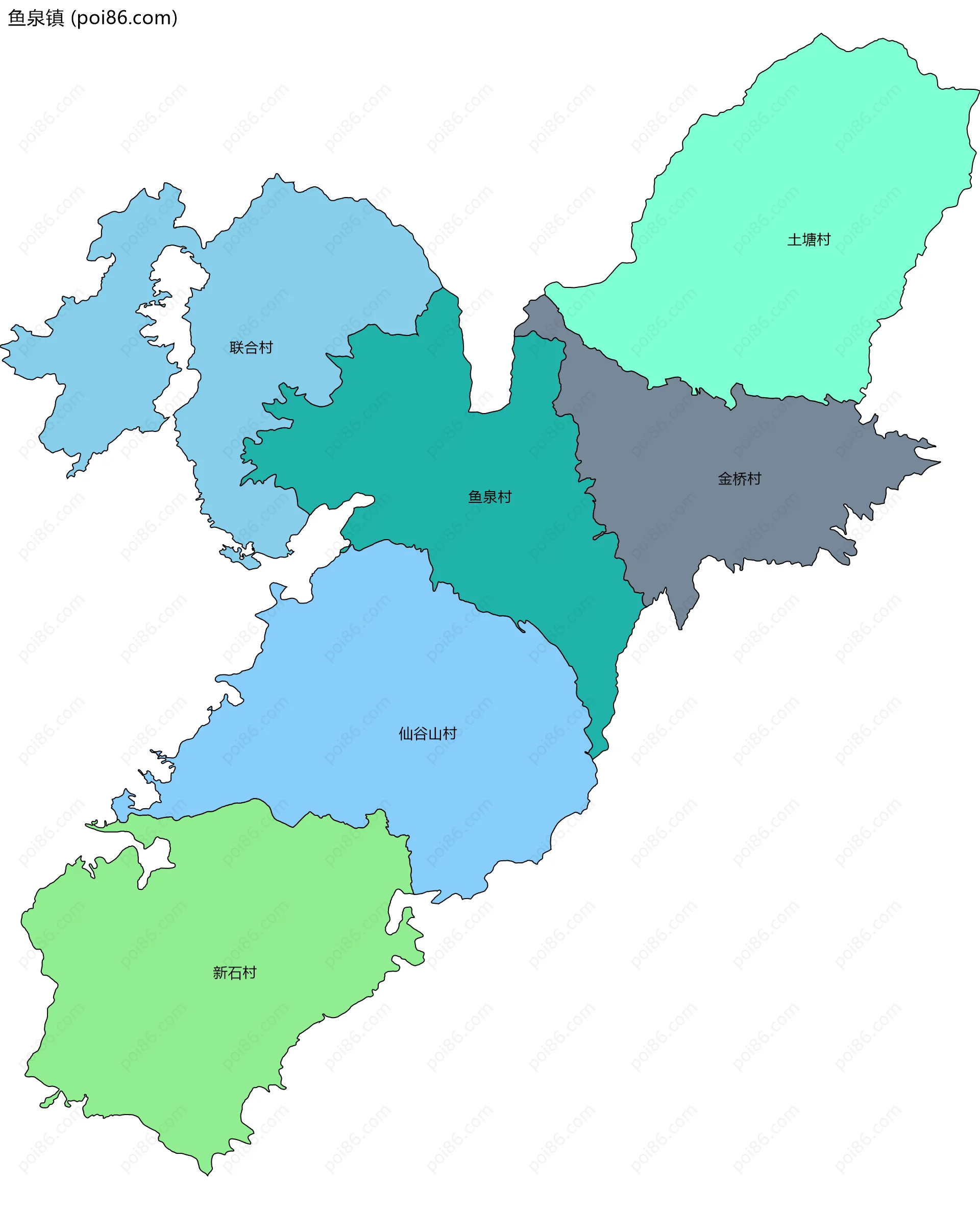 鱼泉镇边界地图(五级行政区划)