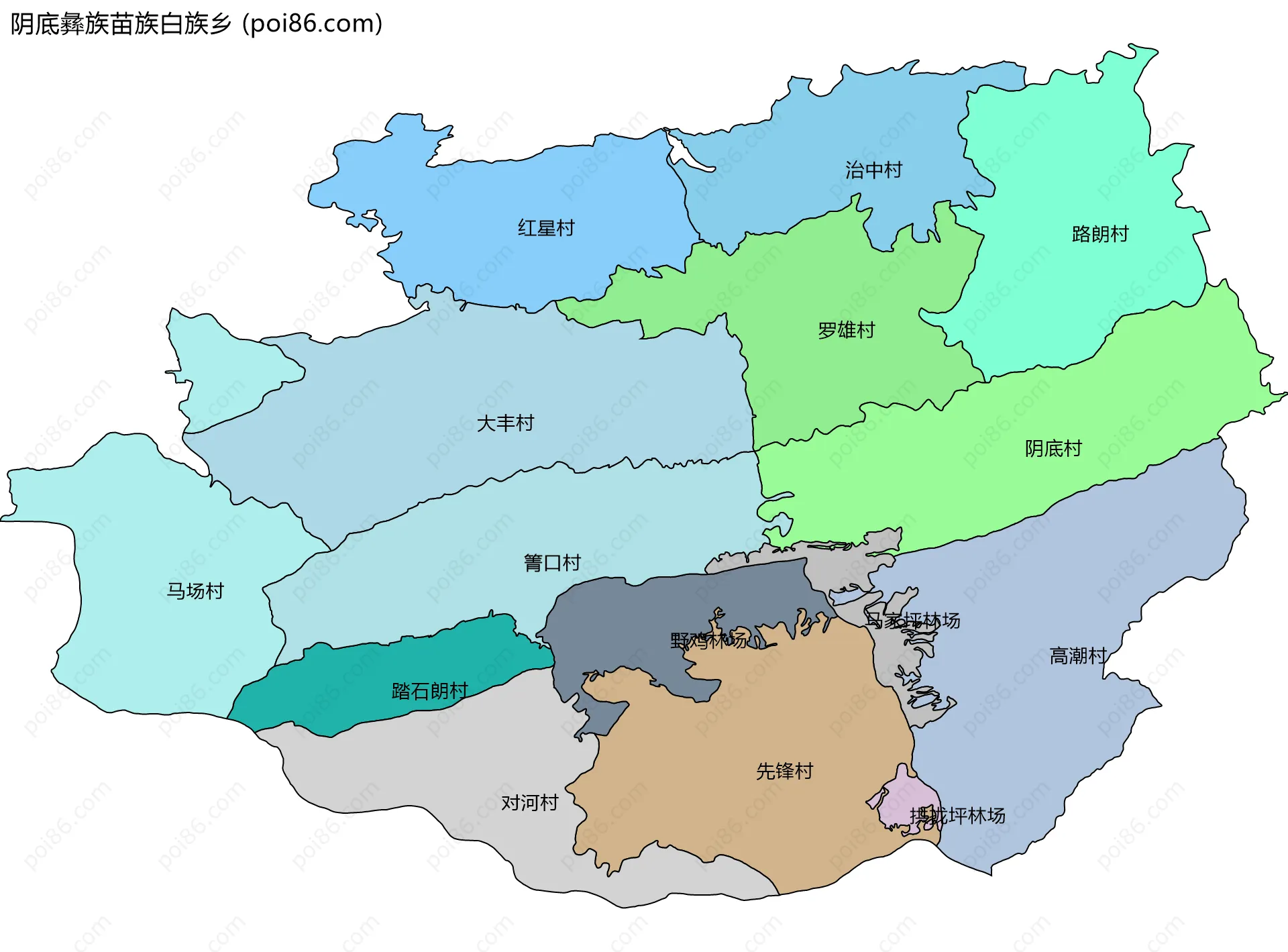 阴底彝族苗族白族乡边界地图(五级行政区划)