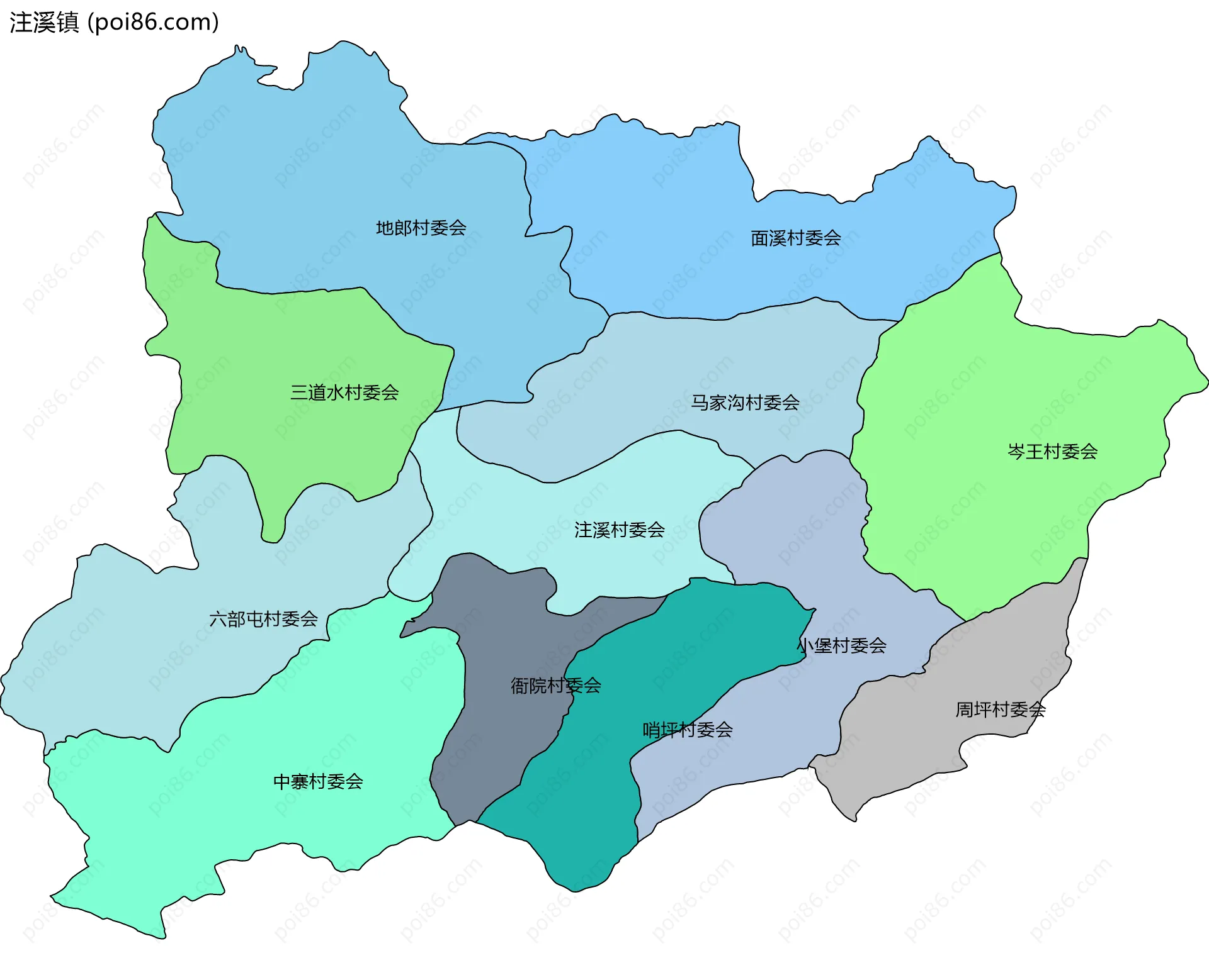 注溪镇边界地图(五级行政区划)