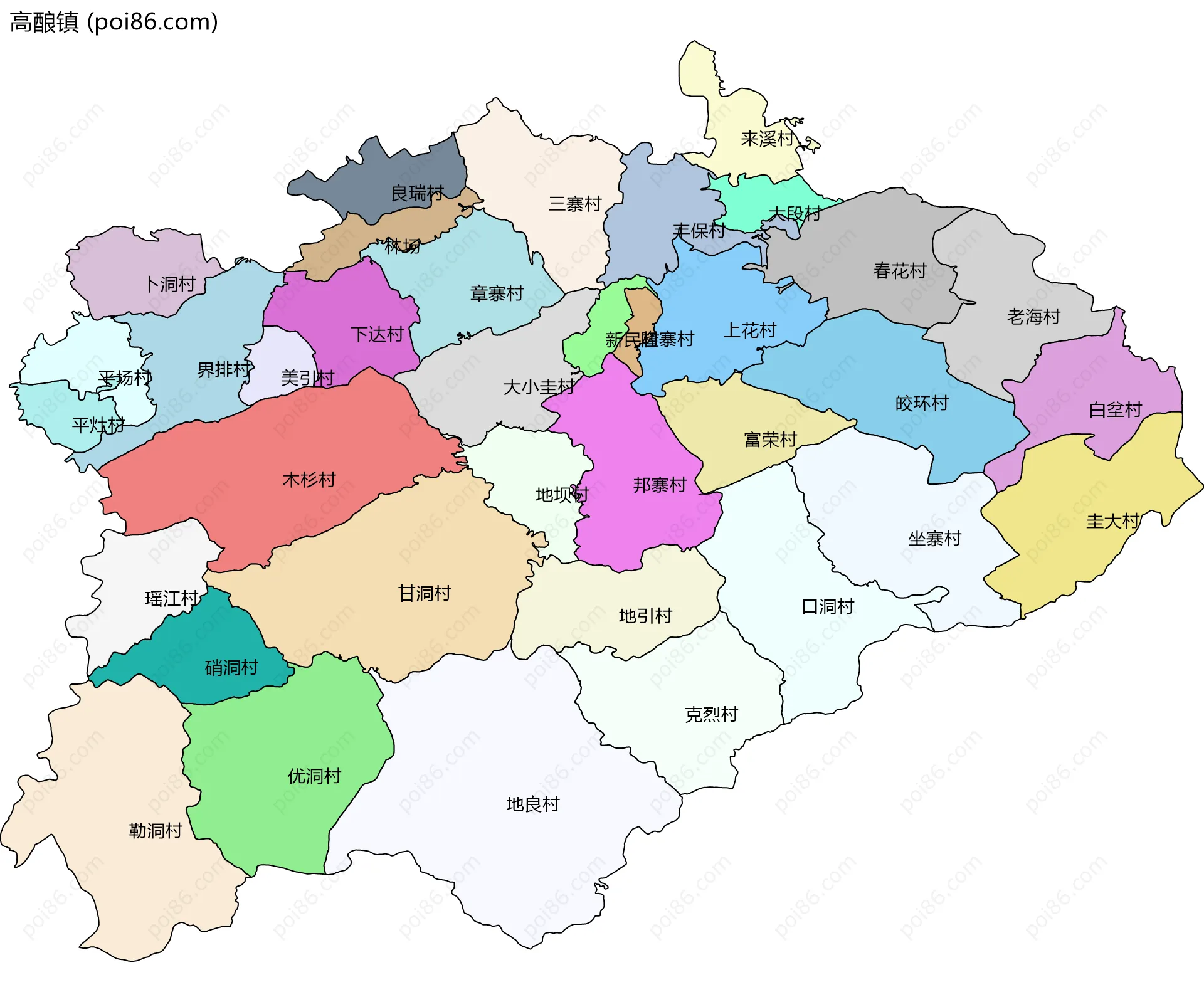 高酿镇边界地图(五级行政区划)