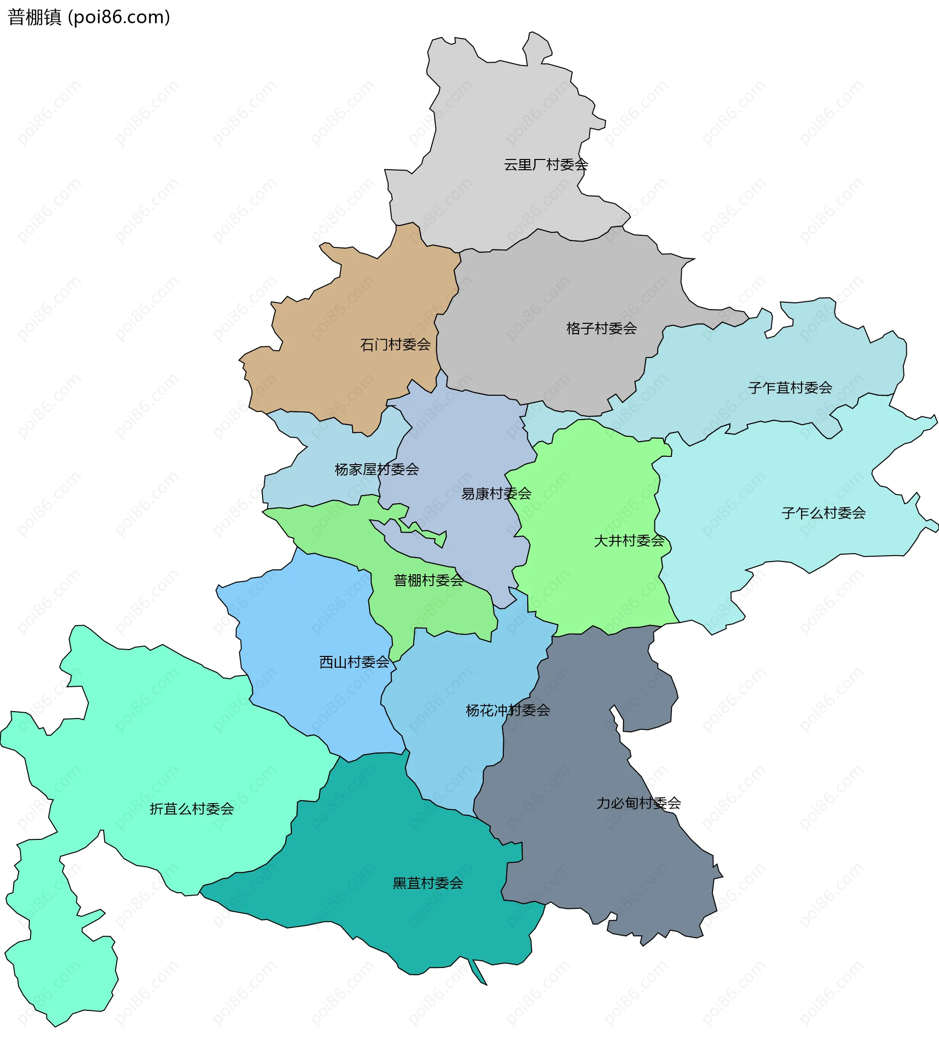 普棚镇边界地图(五级行政区划)