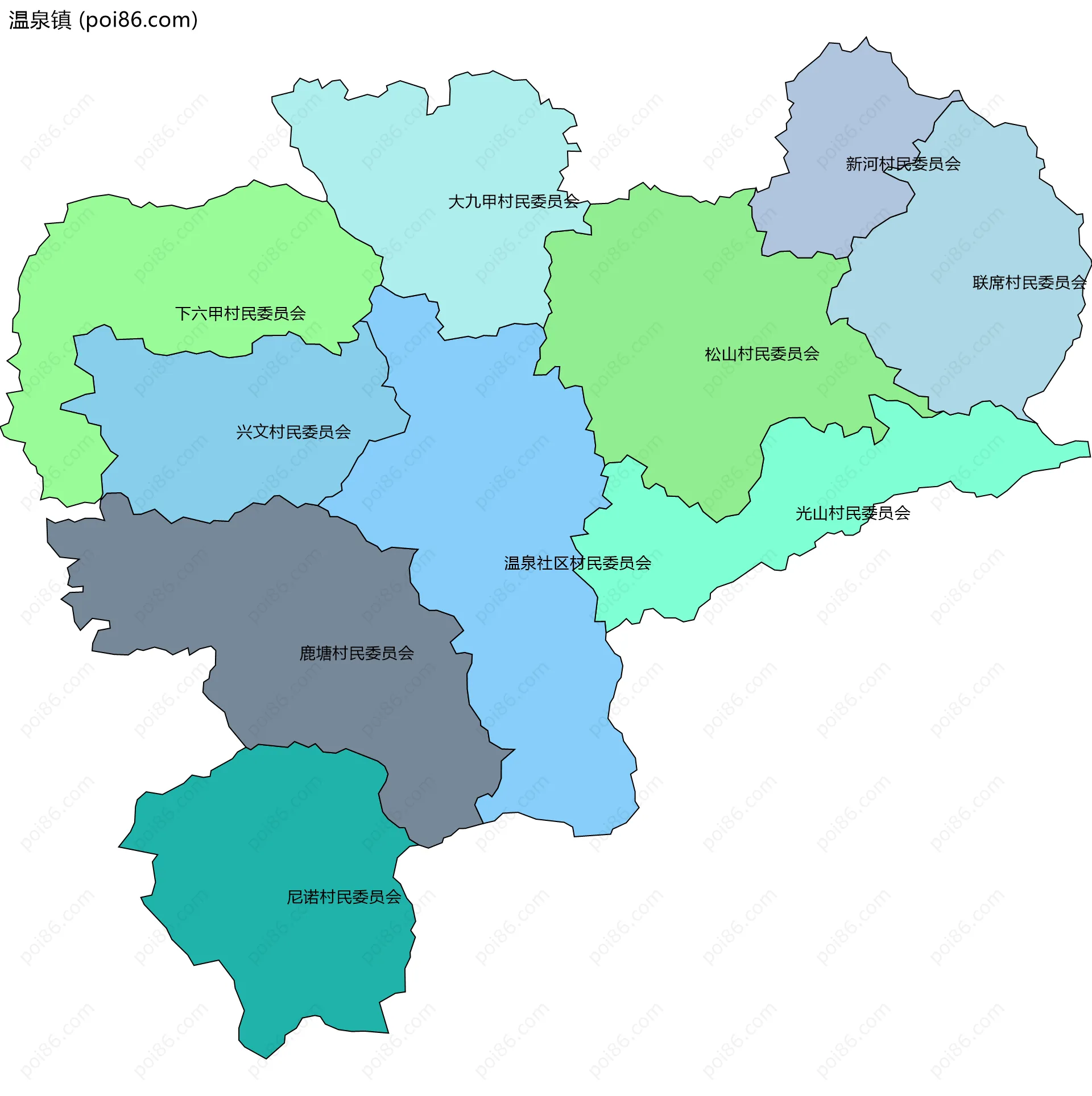 温泉镇边界地图(五级行政区划)