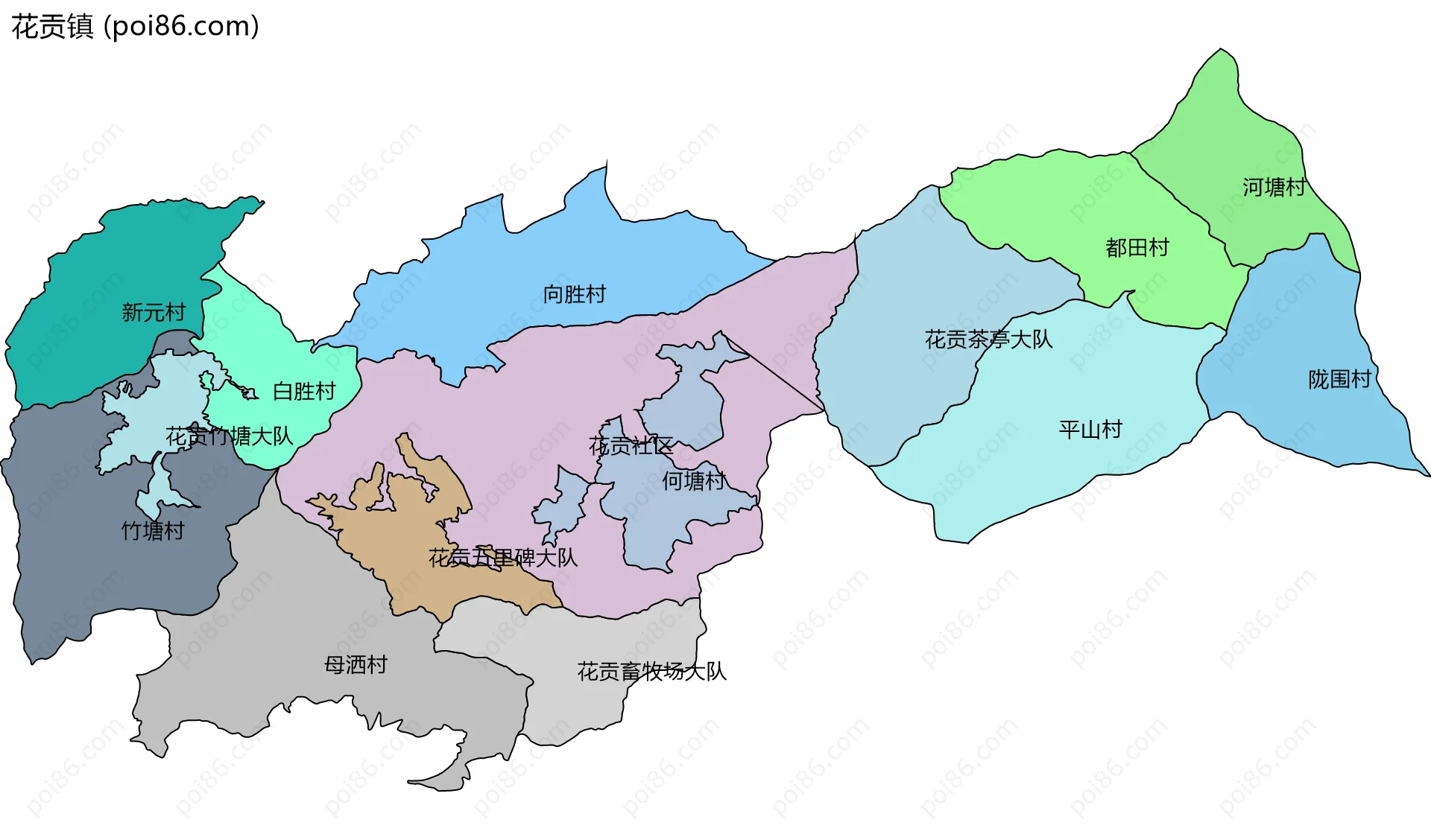 花贡镇边界地图(五级行政区划)