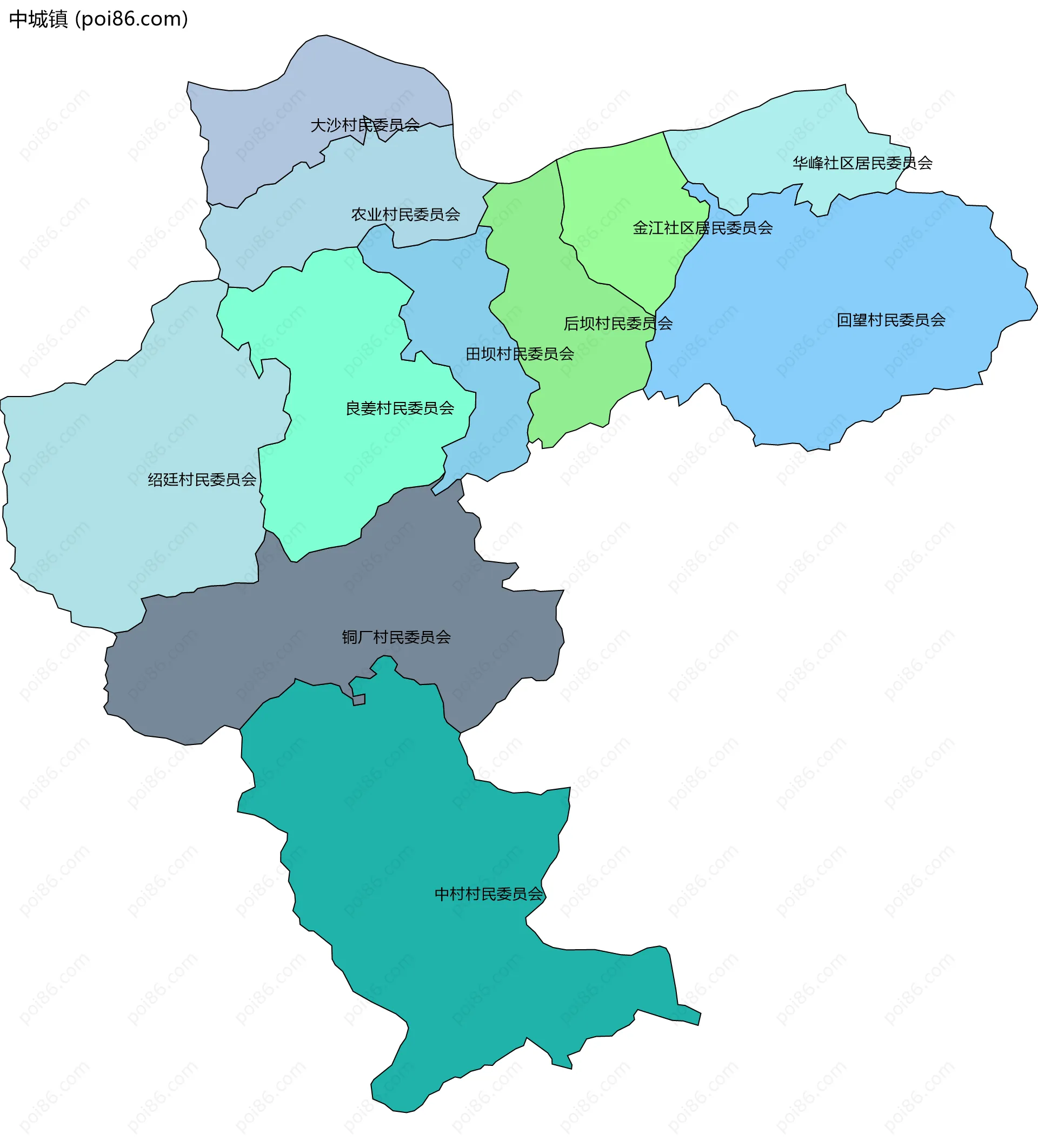 中城镇边界地图(五级行政区划)