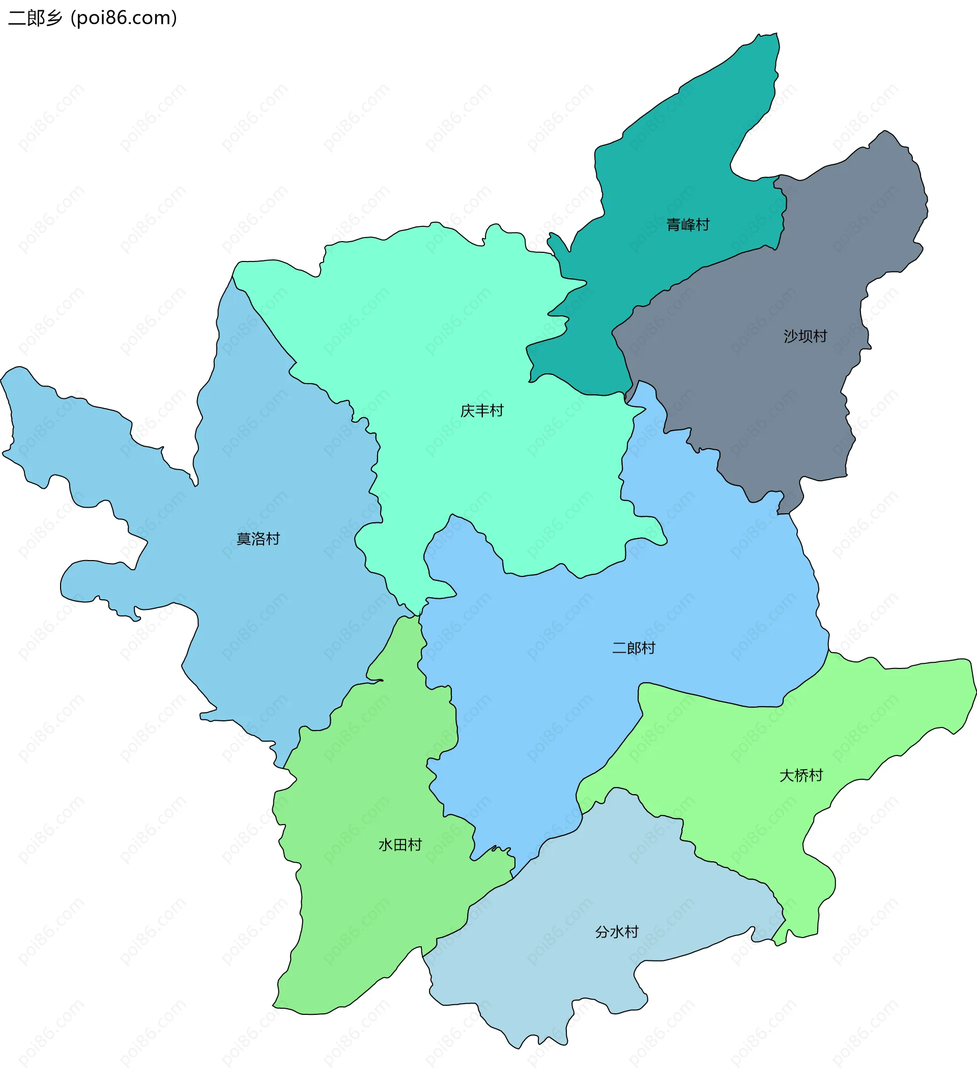 二郎乡边界地图(五级行政区划)