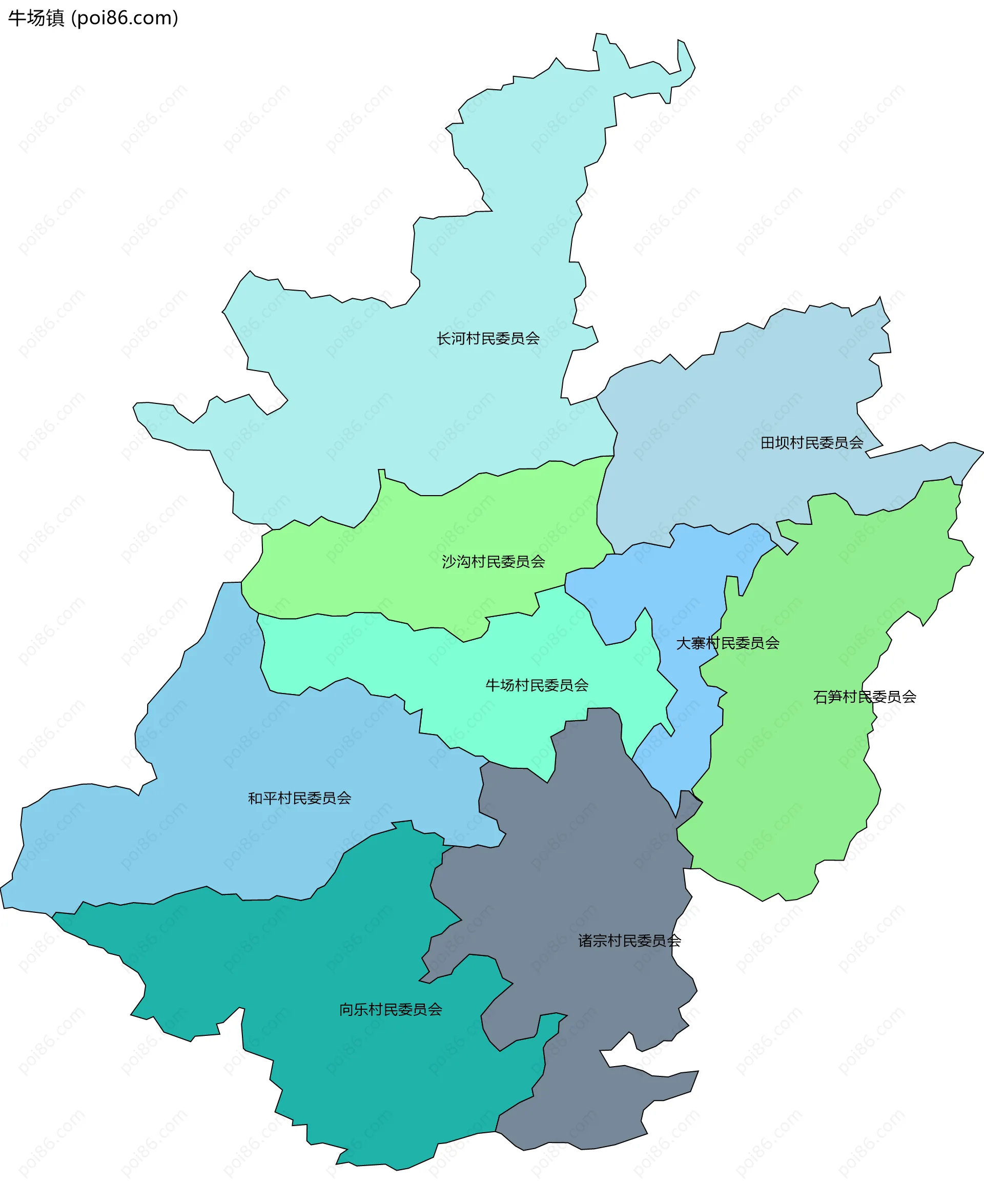 牛场镇边界地图(五级行政区划)