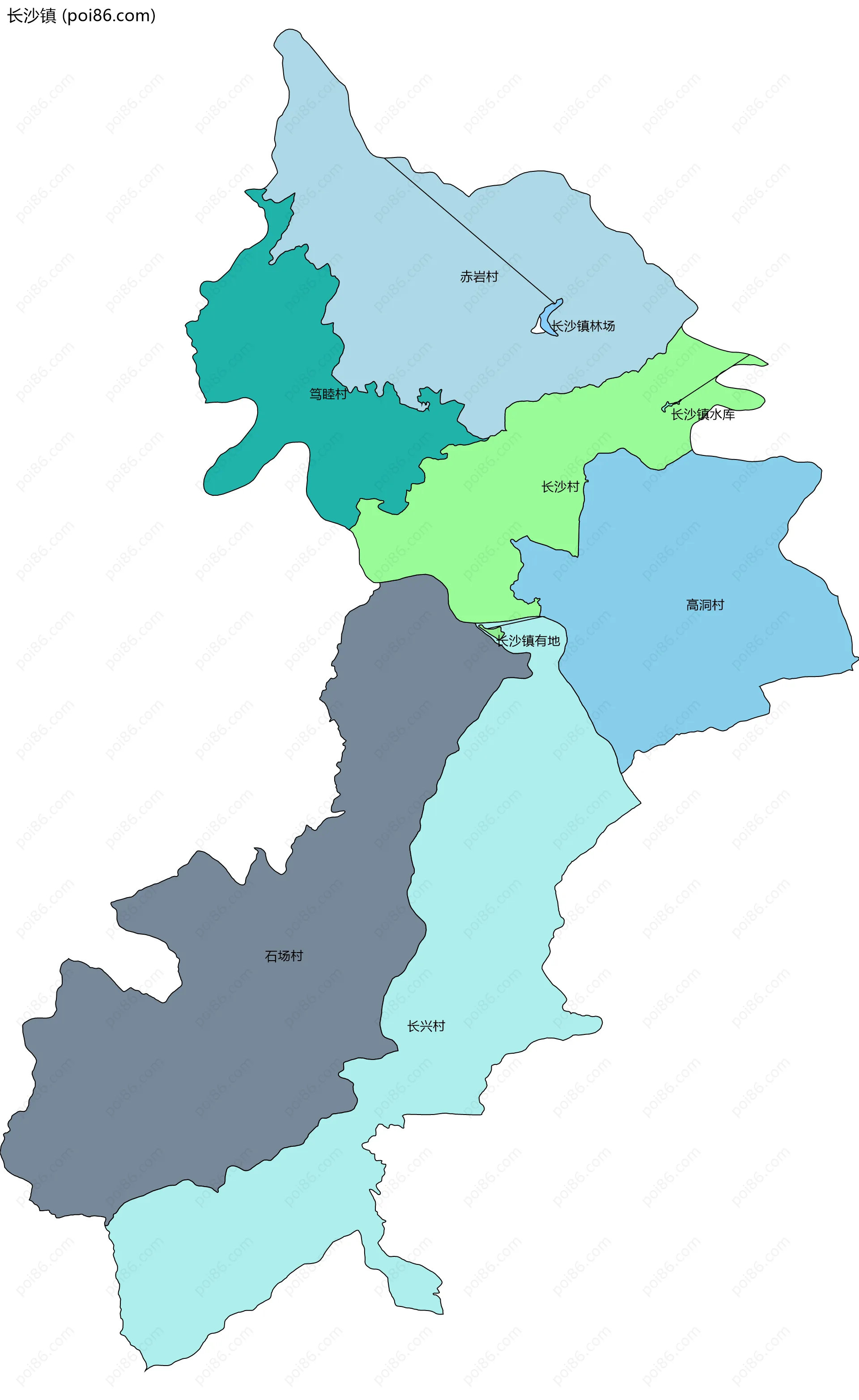 长沙镇边界地图(五级行政区划)