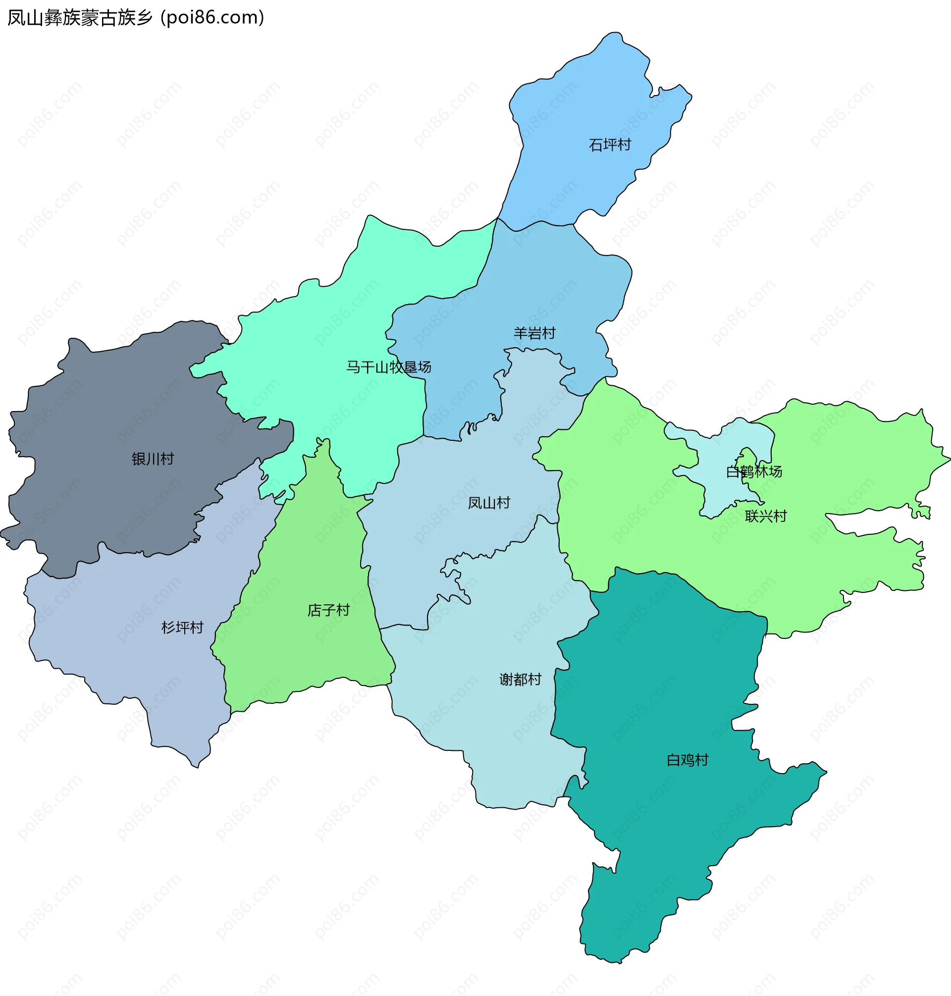 凤山彝族蒙古族乡边界地图(五级行政区划)