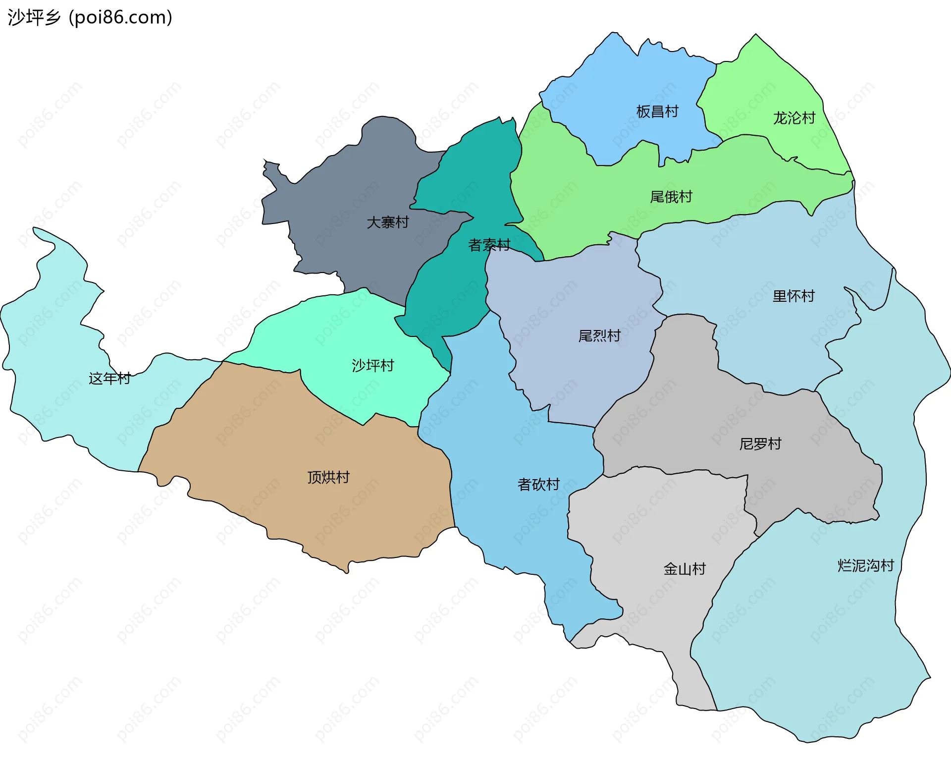 沙坪乡边界地图(五级行政区划)