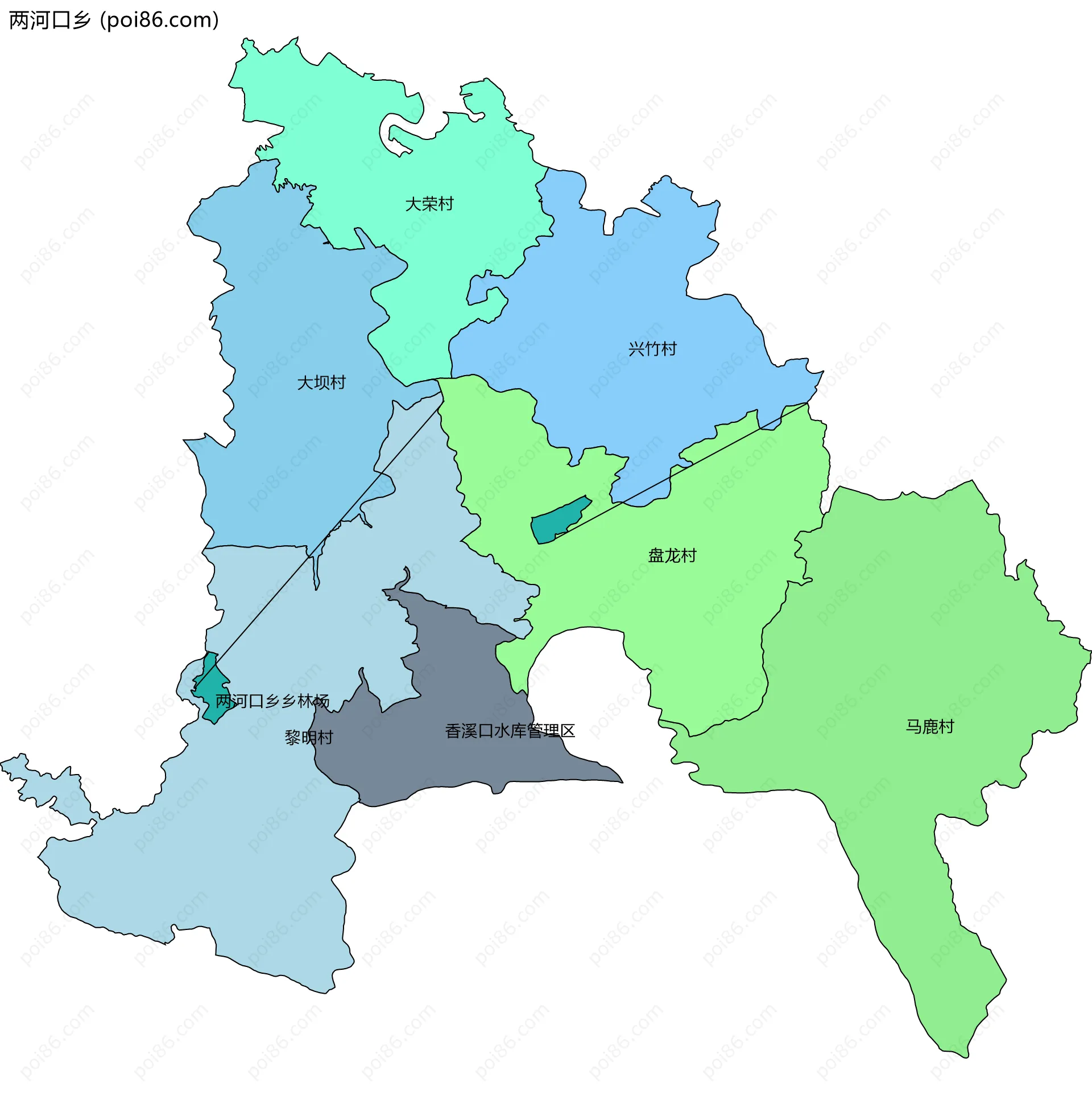 两河口乡边界地图(五级行政区划)