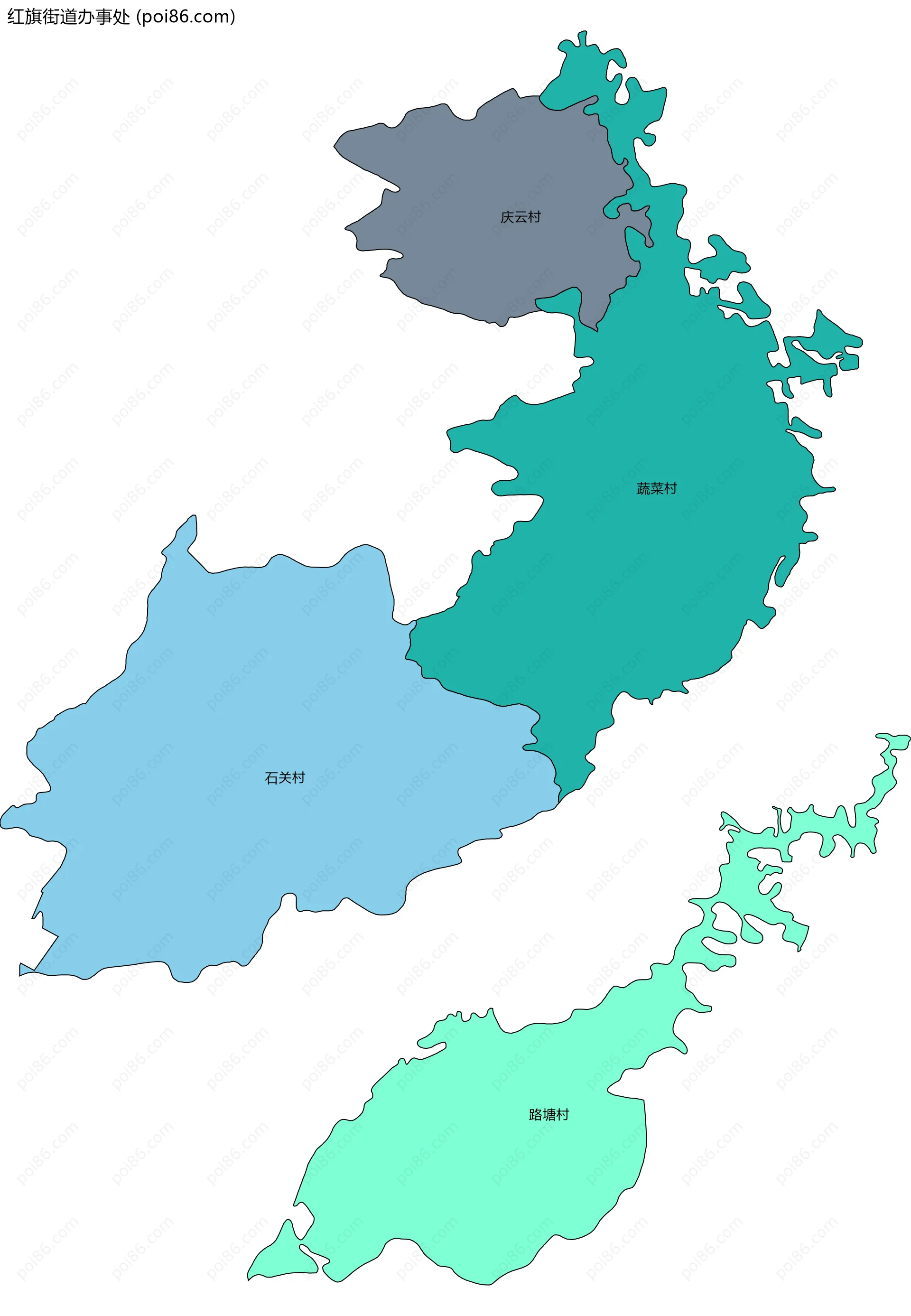 红旗街道办事处边界地图(五级行政区划)