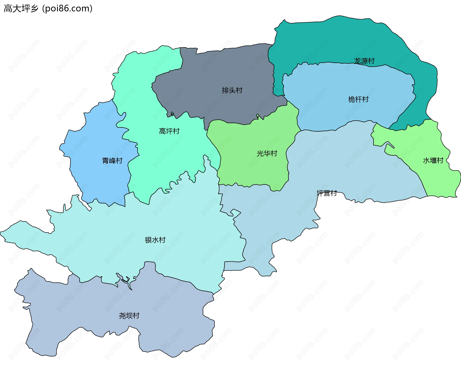 高大坪乡边界地图(五级行政区划)