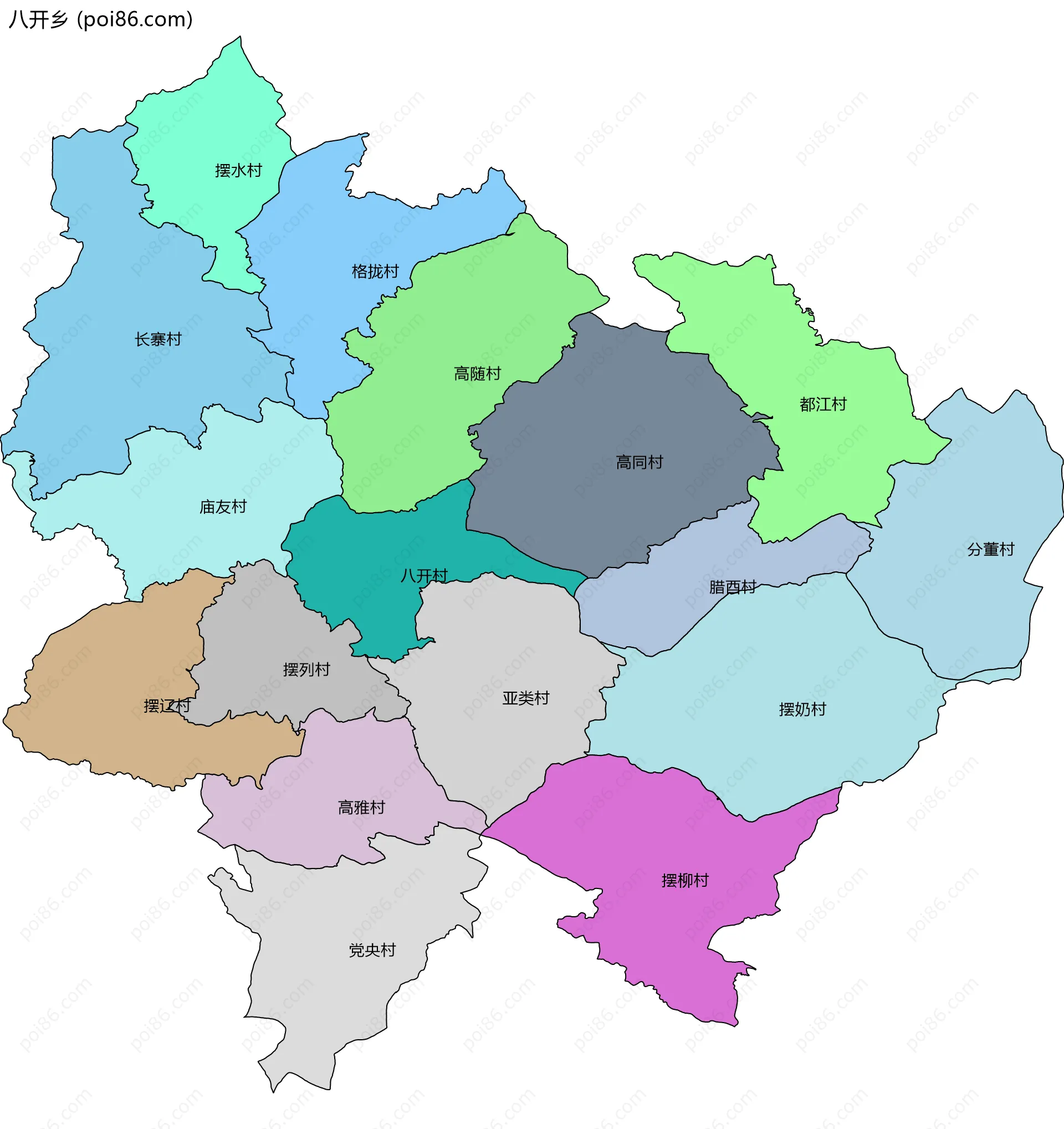 八开乡边界地图(五级行政区划)